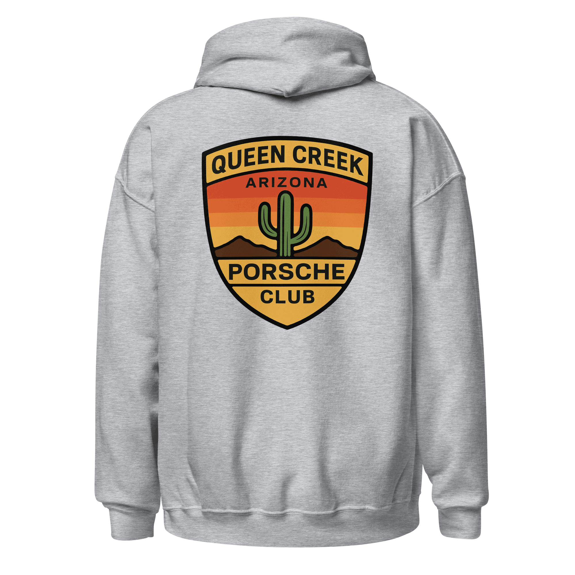 Queen Creek PCAR Club unisex hoodie in light gray with Arizona-themed logo on back