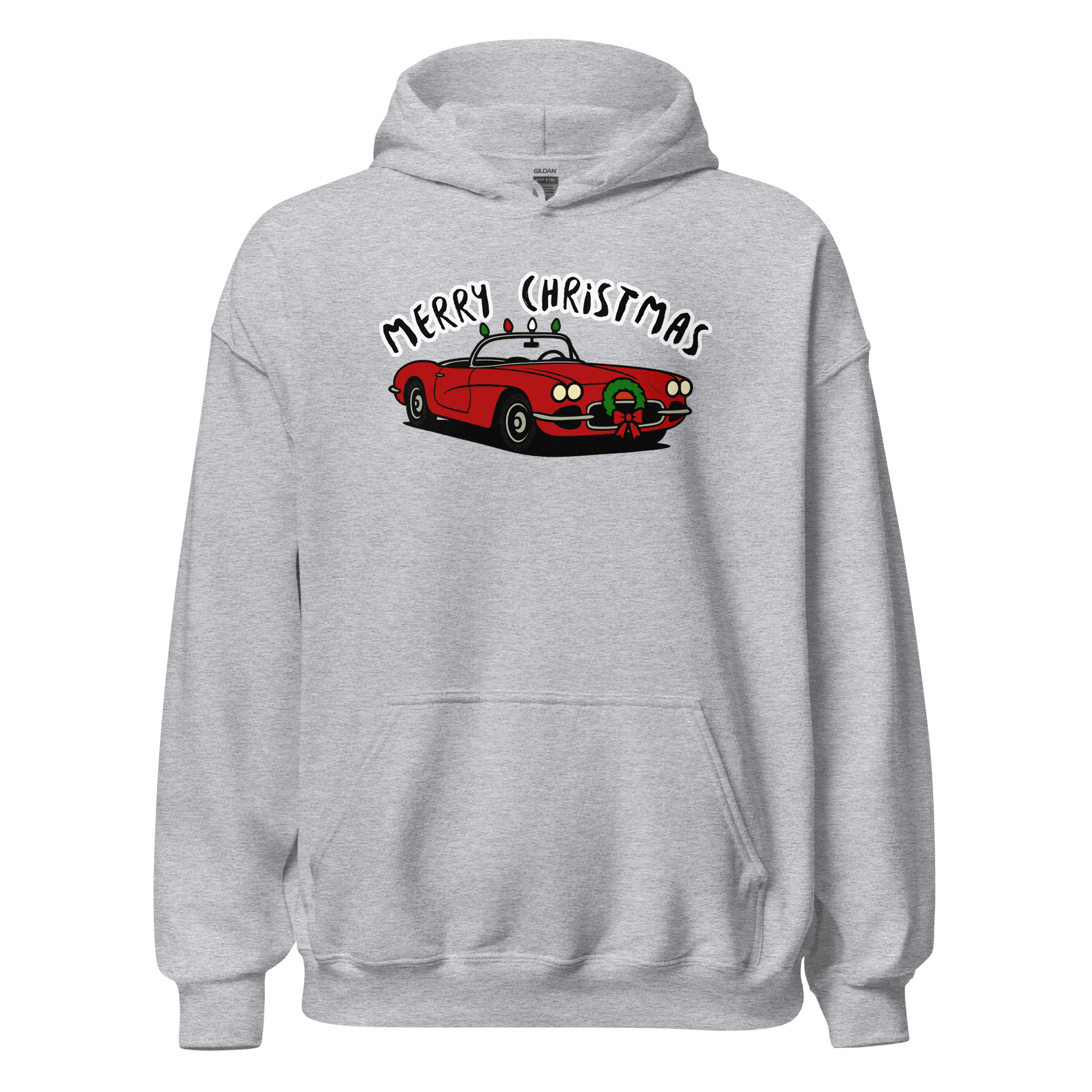 Christmas Sports Car Hoodie with red sports car graphic and Merry Christmas text on grey cozy pullover sweatshirt