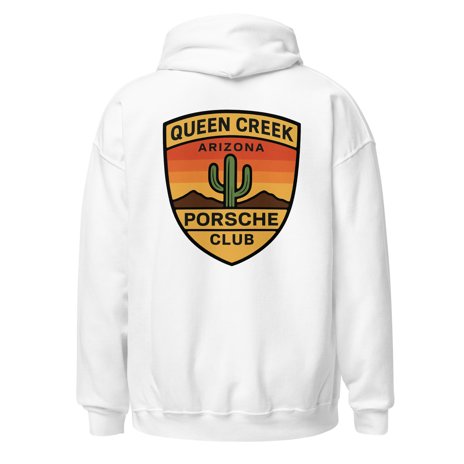 Queen Creek PCAR Club white unisex hoodie with Arizona sunset logo and cactus design on back