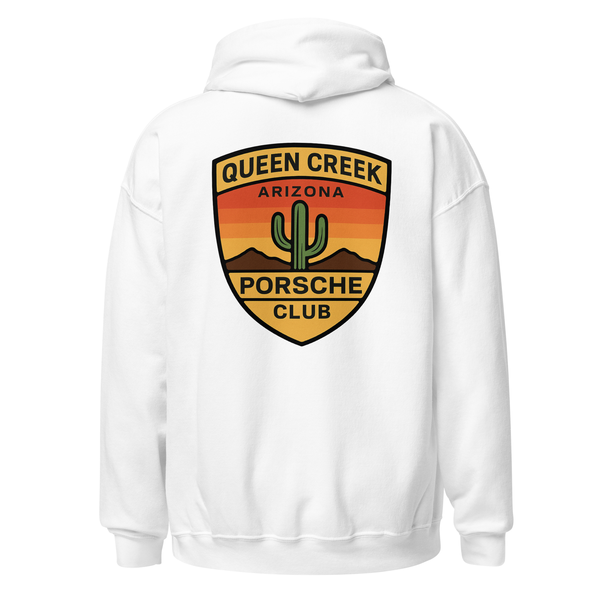 Queen Creek PCAR Club white unisex hoodie with Arizona sunset logo and cactus design on back