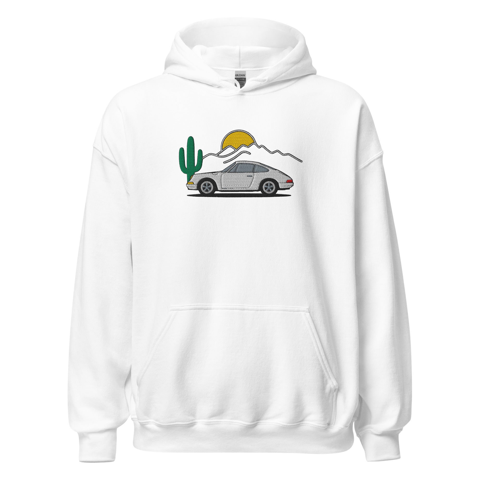 Hoodie with a white Porsche 911 and a cactus