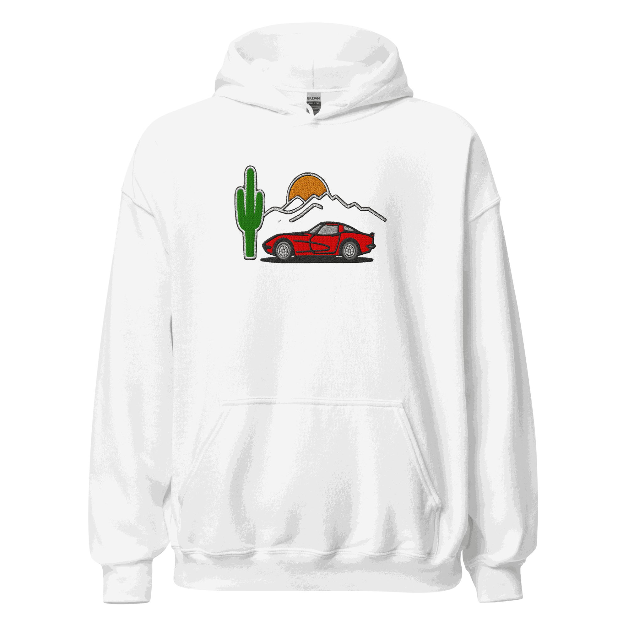 White esports racing hoodie with embroidered red sports car, cactus, and sun design, unisex streetwear pullover with kangaroo pocket and drawstring hood