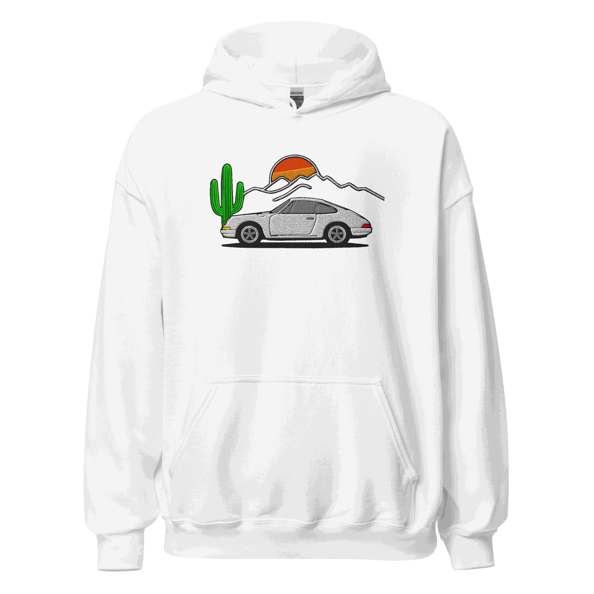 White hoodie with embroidered sports car, cactus, and sunset design, unisex race car enthusiast sweatshirt