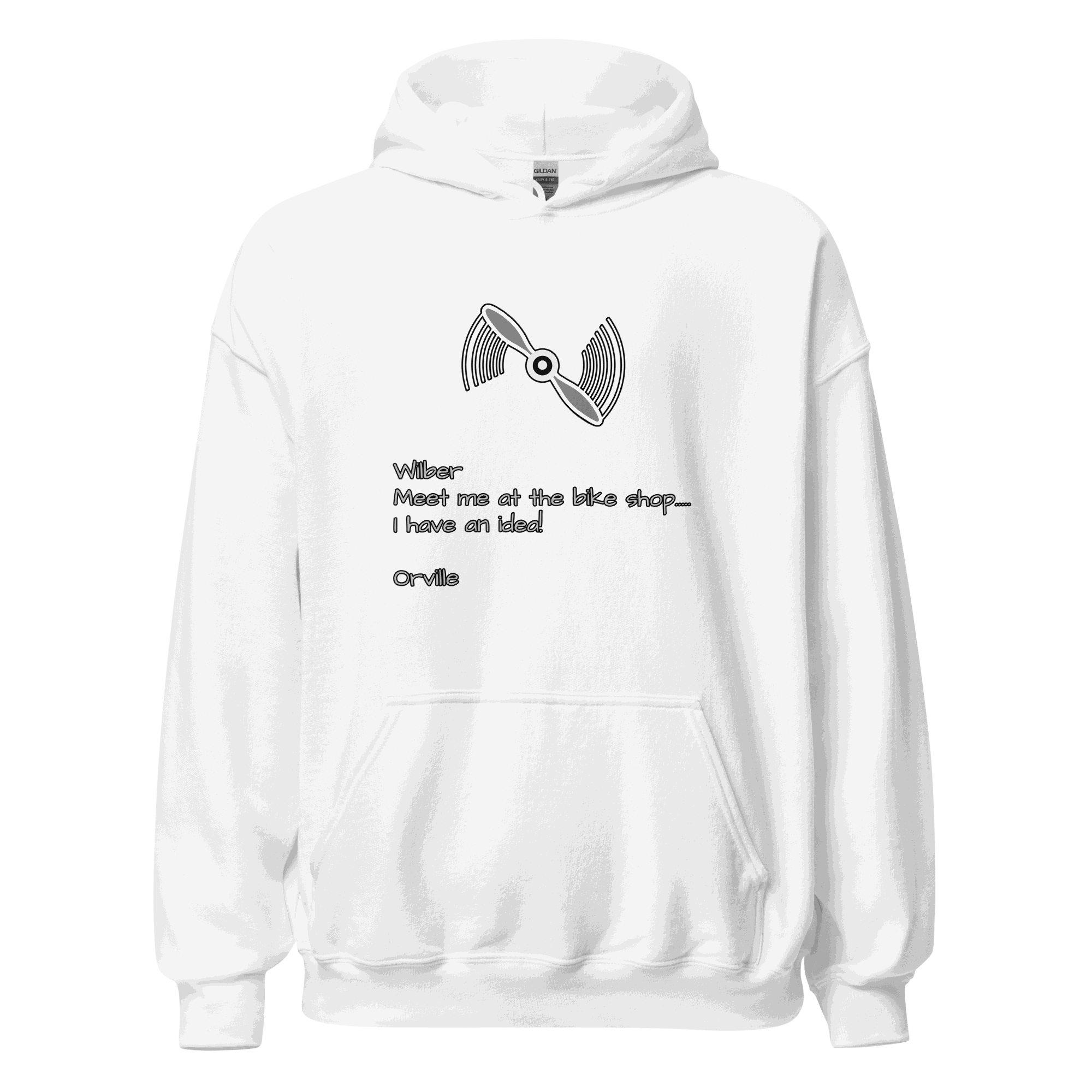 White Wilber and Orville Bike Shop Hoodie with bike gear graphic and text design