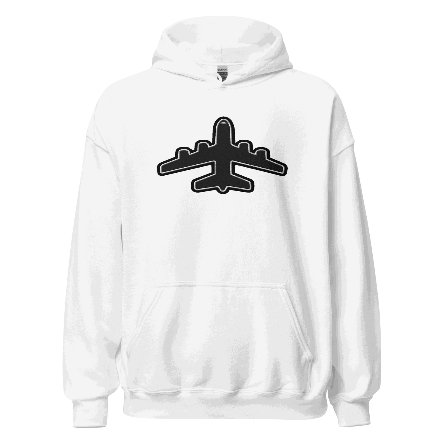 White Jet pilot hoodie Unisex Hoodie with black airplane graphic, soft cotton-poly blend, double-lined hood, and front pouch pocket.