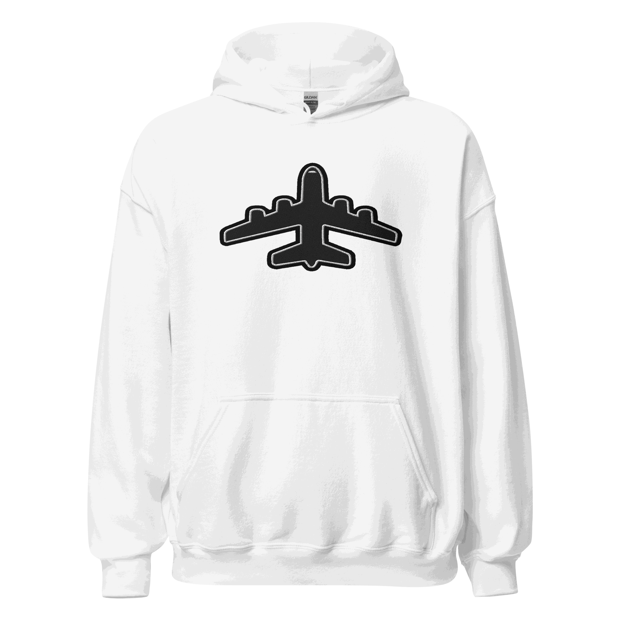 White Jumbo Jet pilot hoodie with black airplane graphic and front pouch pocket