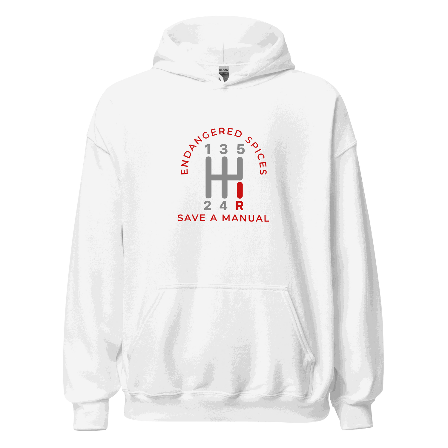 White Endangered Species Hoodie with manual transmission gear design and front pouch pocket.