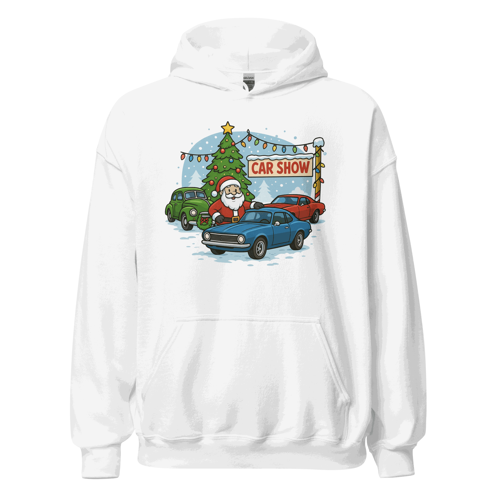 White Car Show Christmas Hoodie with Santa, vintage cars, and decorated Christmas tree design