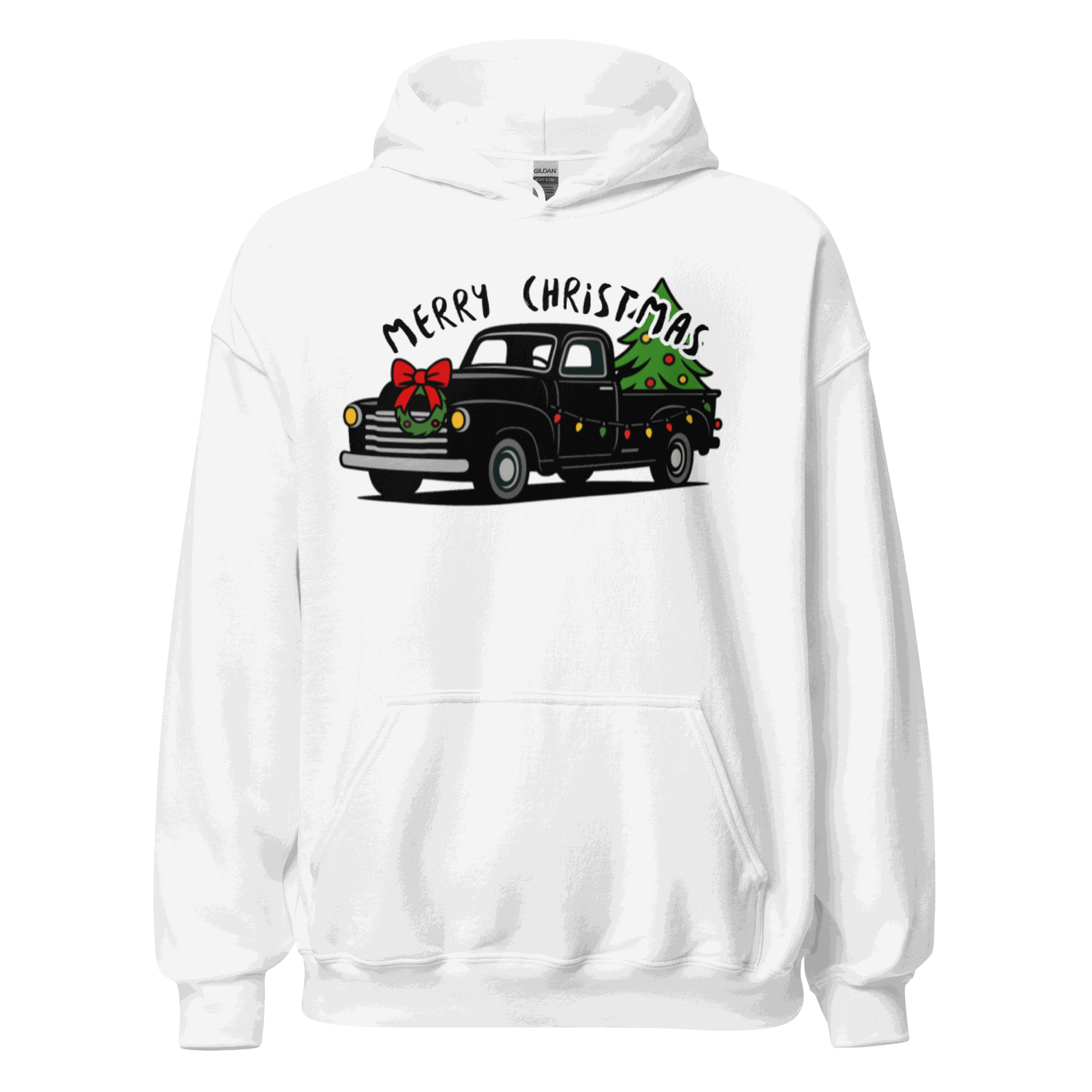 White Christmas Classics Truck Hoodie with vintage truck and Christmas tree design, soft cotton blend, front pouch pocket.