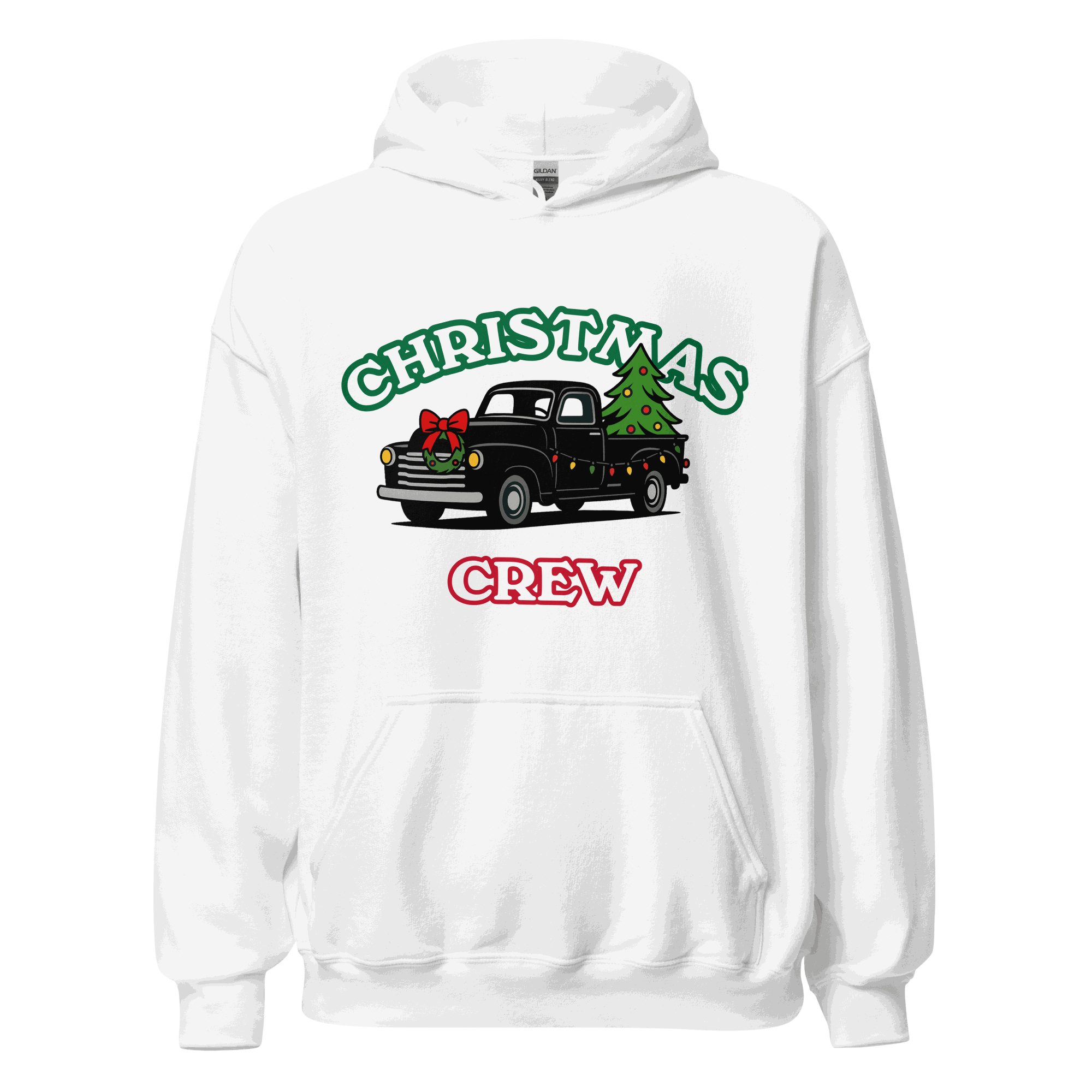 White hoodie from Matching Christmas Family Hoodie Set with black vintage truck carrying Christmas tree and wreath and text "Christmas Crew" in green and red letters