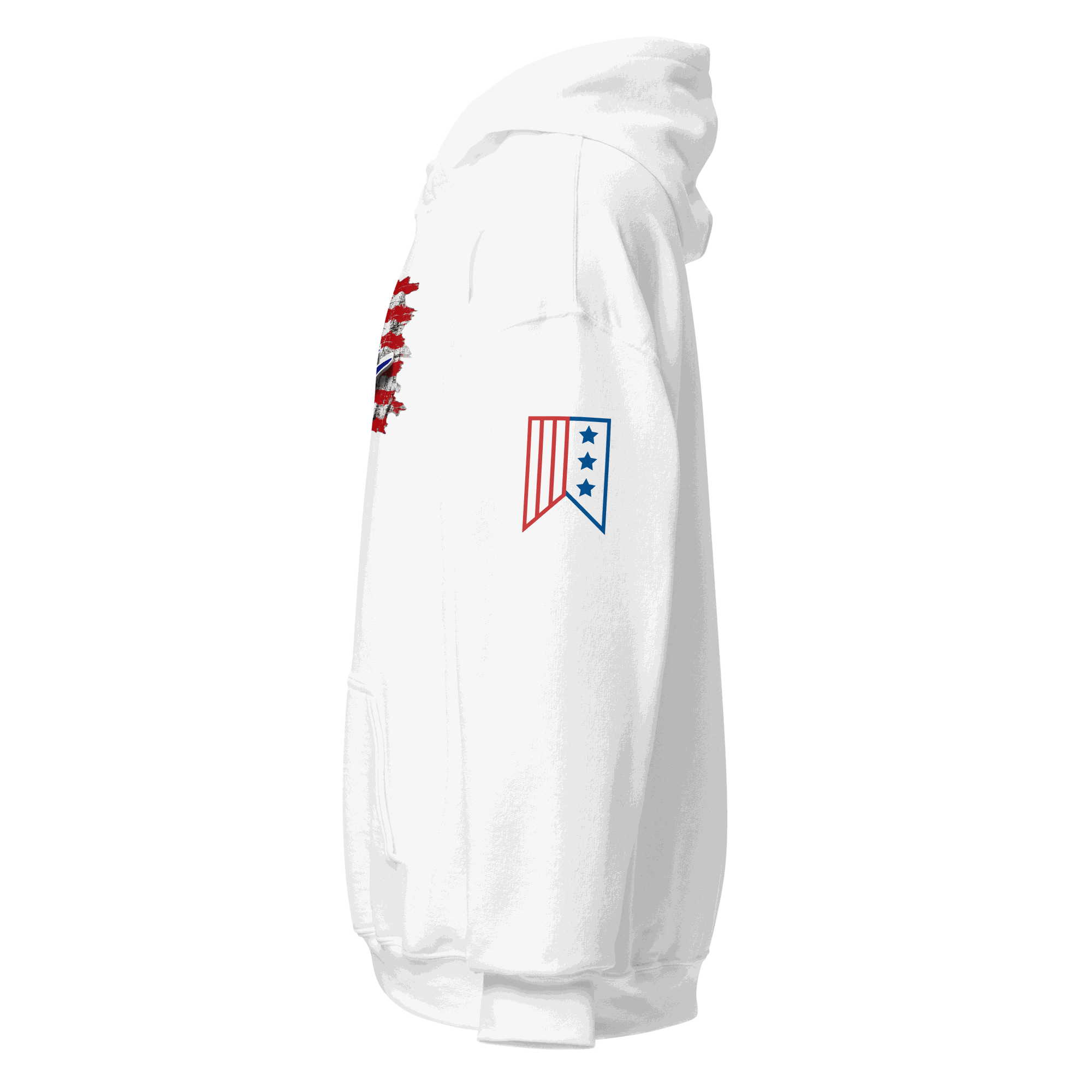 Side view of the F4U Flag Unisex Hoodie showcasing its design and vibrant colors.