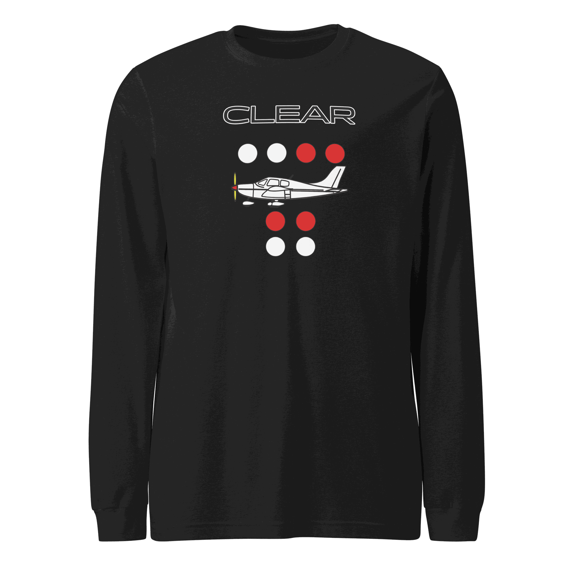 Clear to land propeller unisex long sleeve tee with aviation-inspired text design