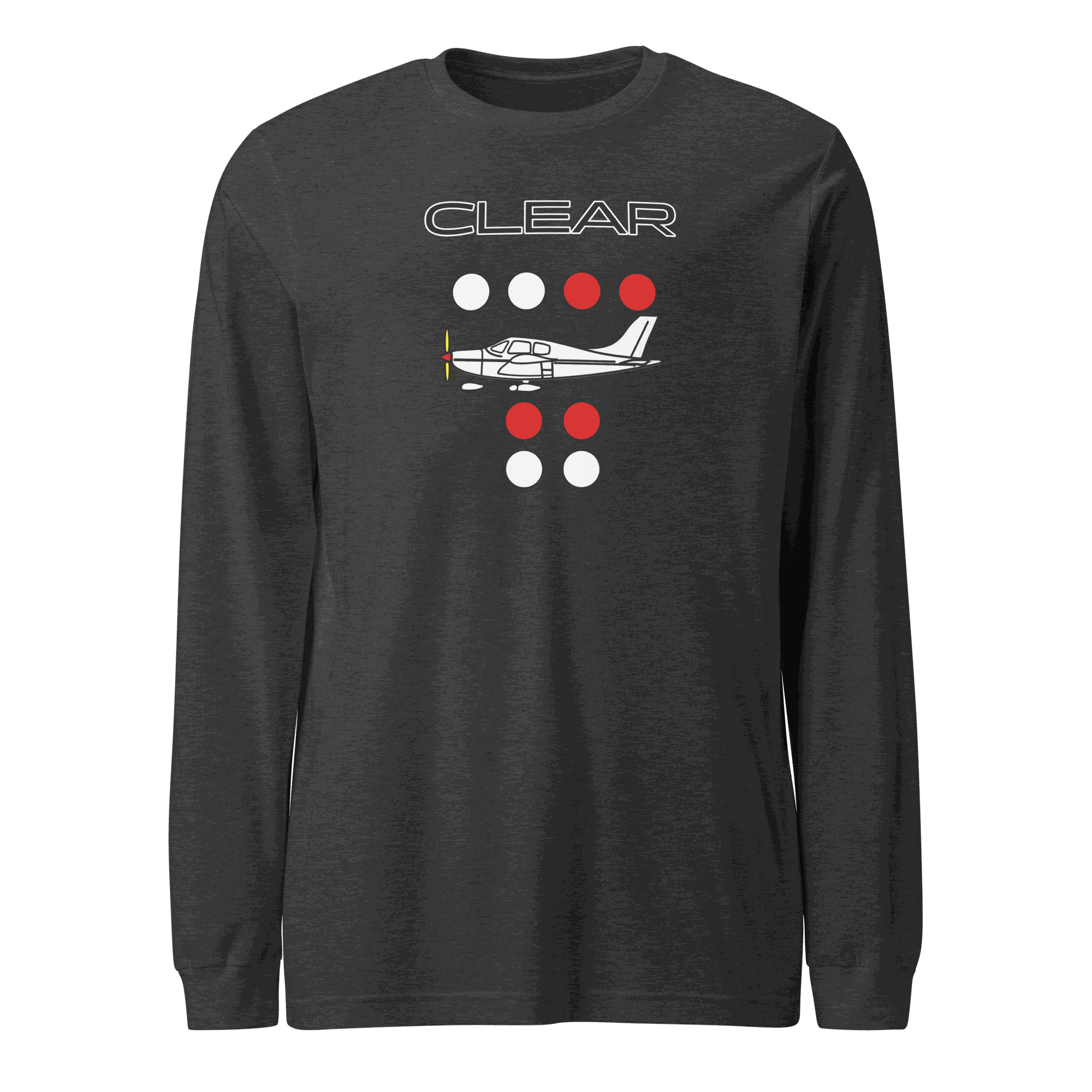 Clear to land propeller unisex long sleeve tee with aviation theme and comfortable fit