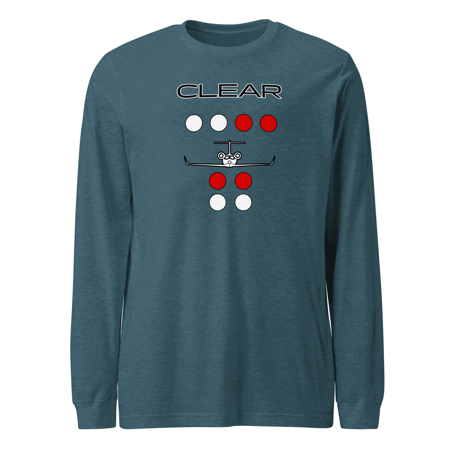 Unisex long sleeve flying t-shirt with "Clear to land" private jet graphic in blue cotton blend