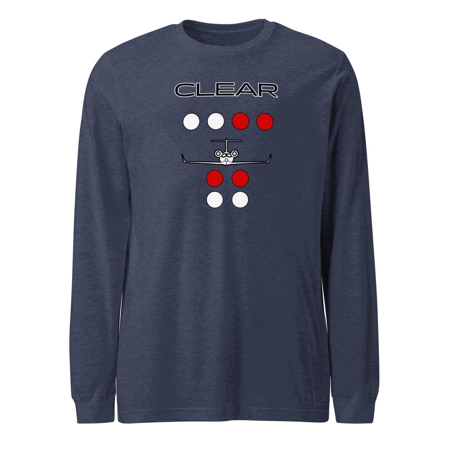 Clear to land private jet flying T-shirt unisex long sleeve tee in navy blue with aviation graphic design
