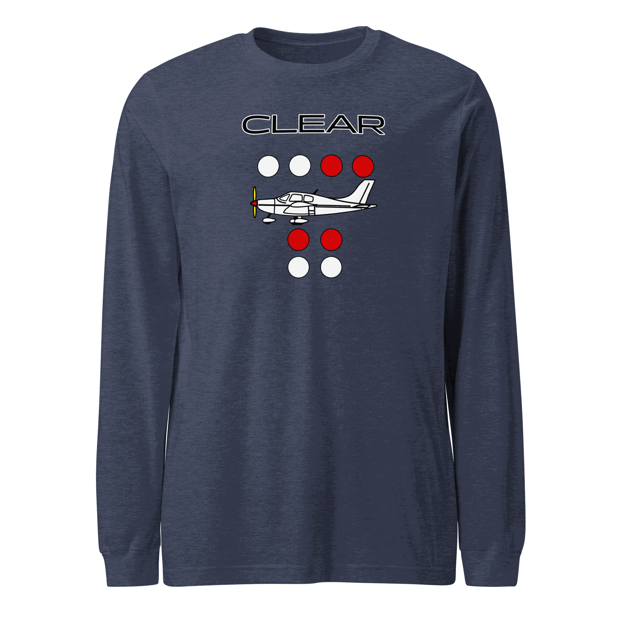 Clear to land propeller unisex long sleeve tee with aviation-inspired design
