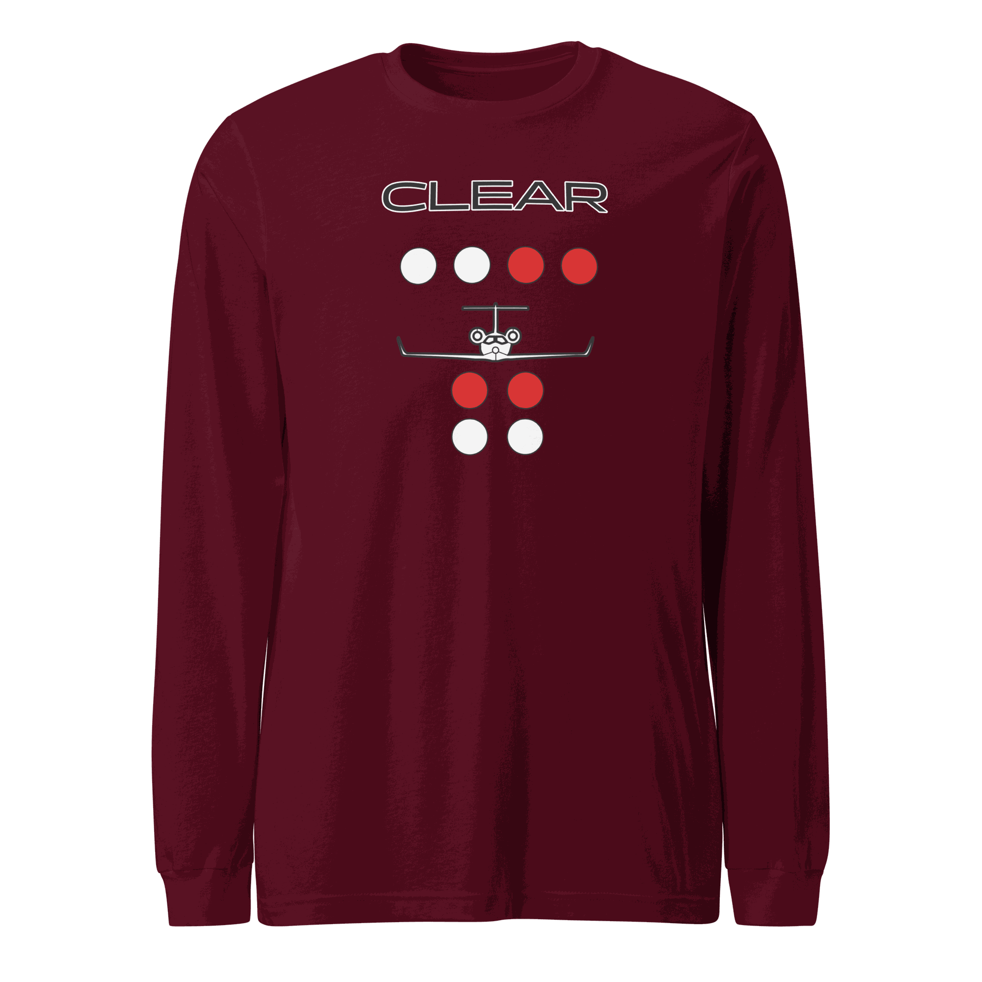 Maroon long sleeve flying T-shirt with Clear to Land private jet graphic, crew neck, and ribbed cuffs