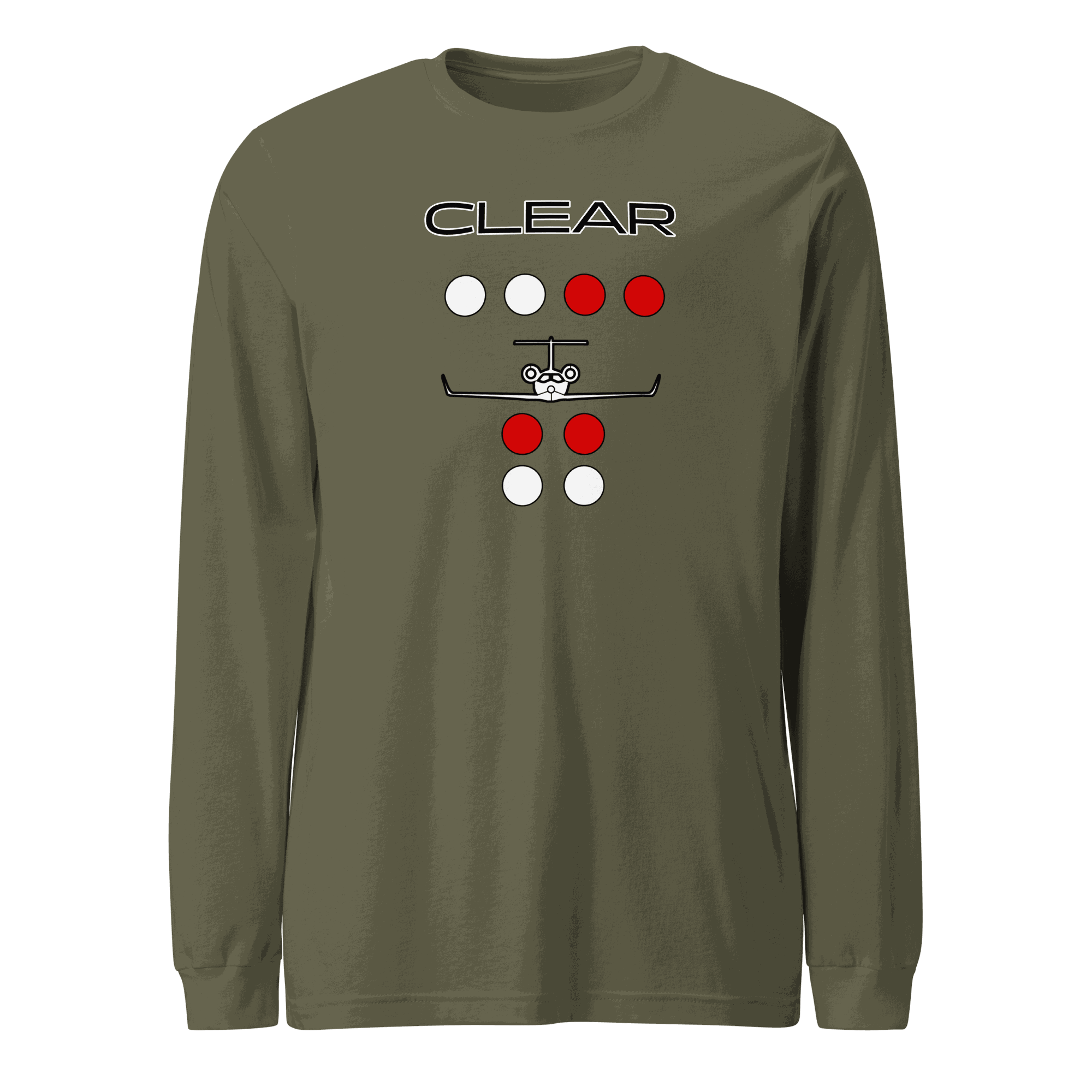 Unisex long sleeve flying T-shirt with Clear to Land private jet graphic in olive green