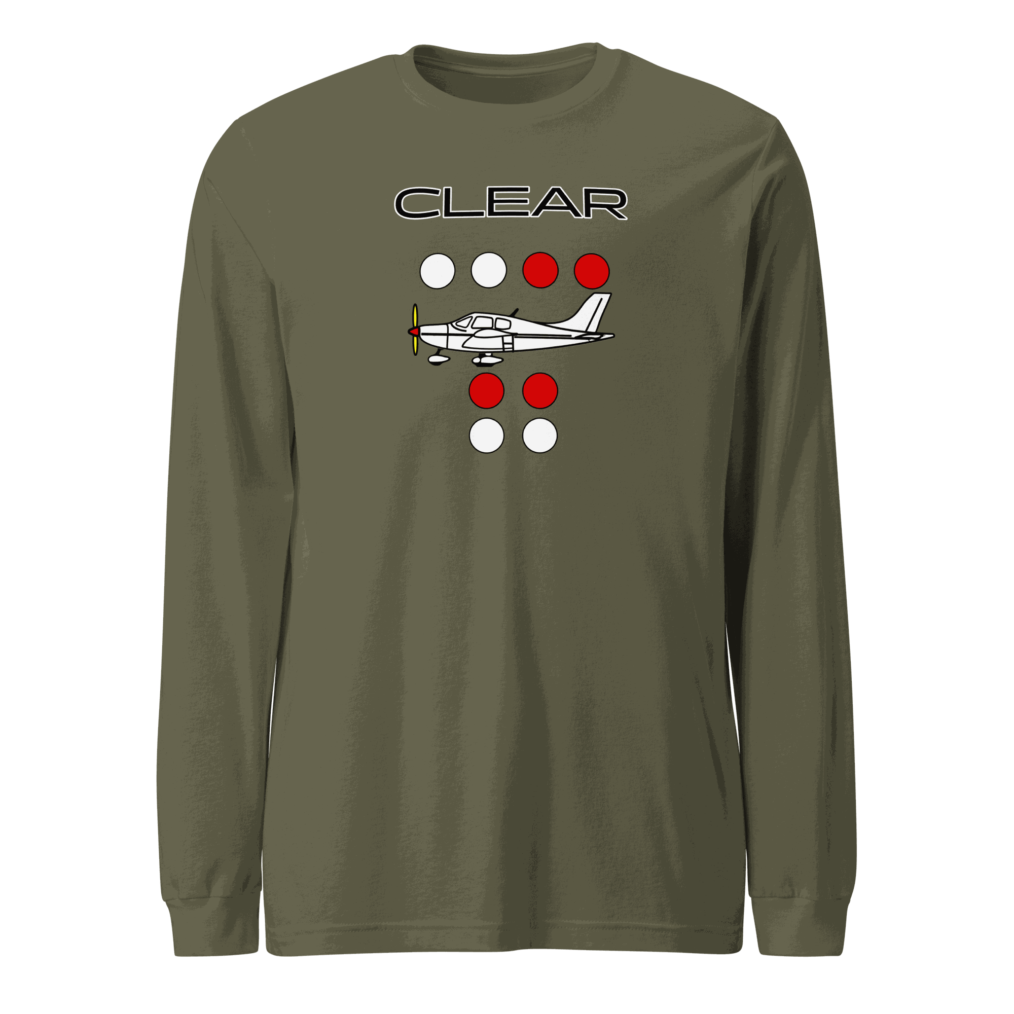 Clear to land propeller unisex long sleeve tee displaying aviation phrase and smooth fit