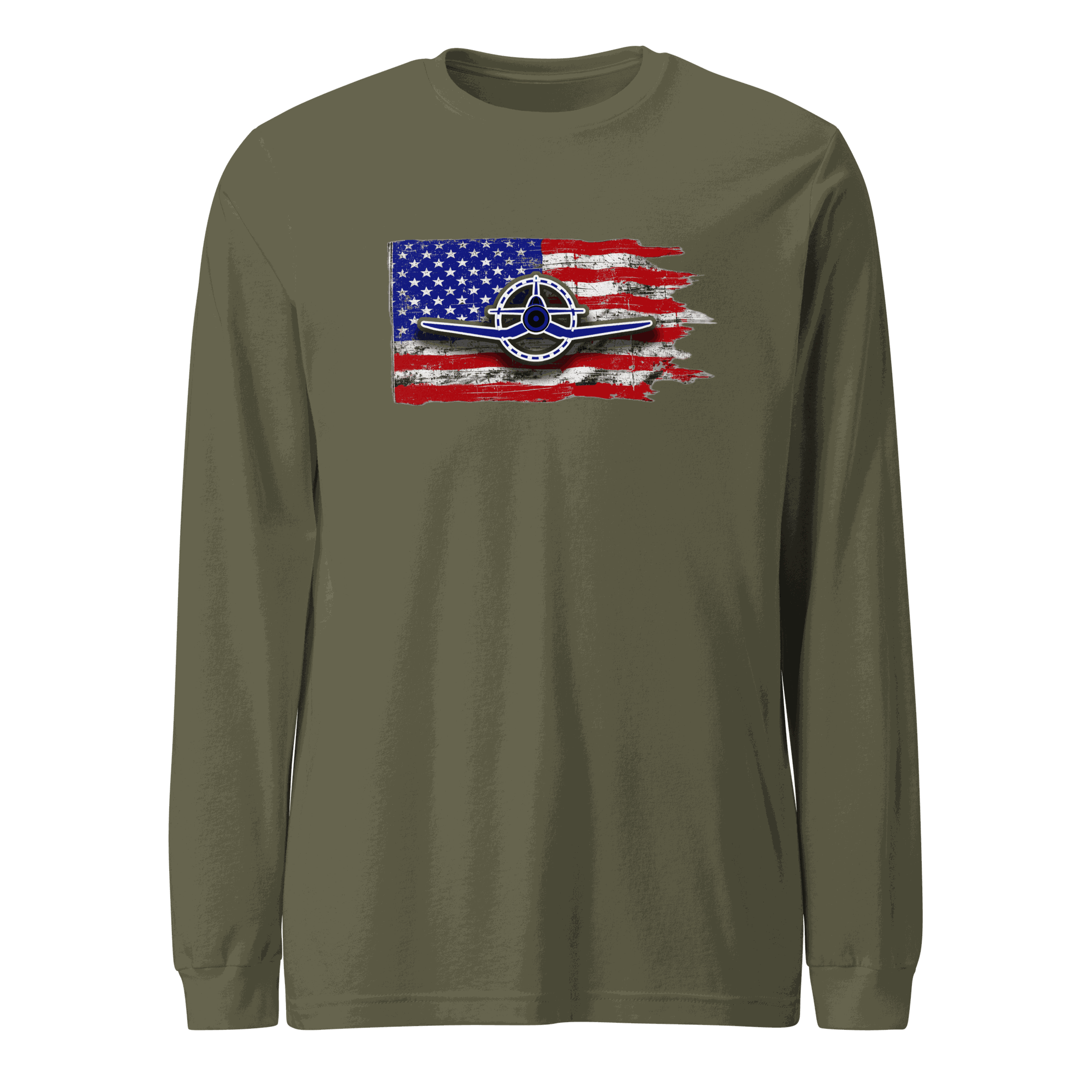 F4U Corsair Airplane Tee unisex long sleeve shirt in cotton blend with crew neck and ribbed cuffs