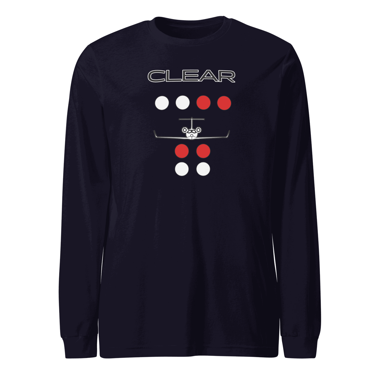 Navy Clear to Land private jet unisex long sleeve flying T-shirt with aviation themed graphic design