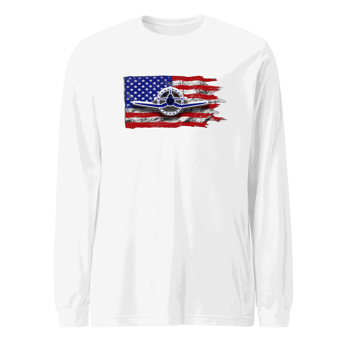 Unisex long sleeve Airplane Tee featuring F4U Corsair design on cotton blend fabric