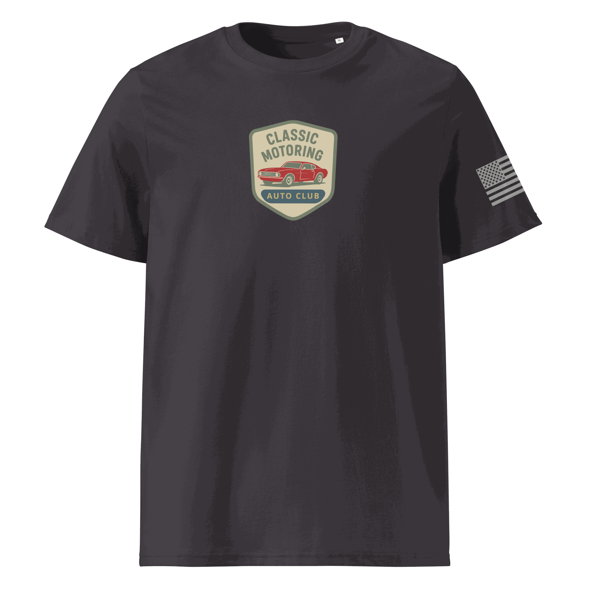 Black Classic Motoring cotton t-shirt with car emblem and US flag on sleeve, made from 100% organic cotton