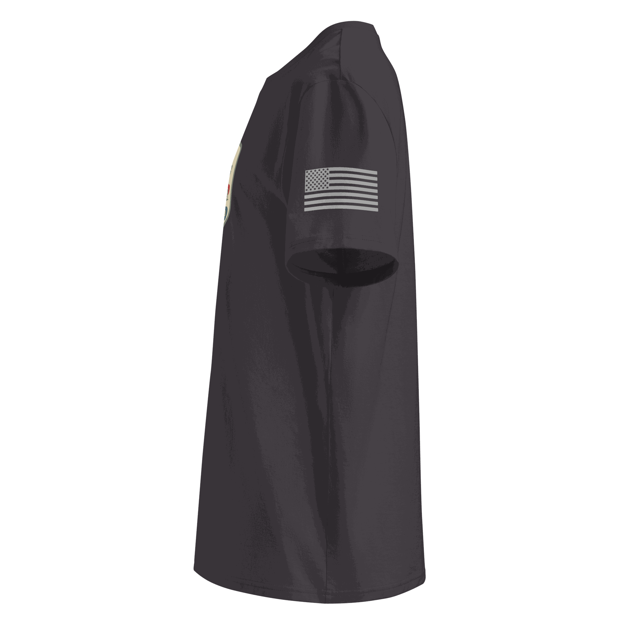 Side view of Classic Motoring cotton t-shirt in black made from 100% organic cotton with American flag on sleeve