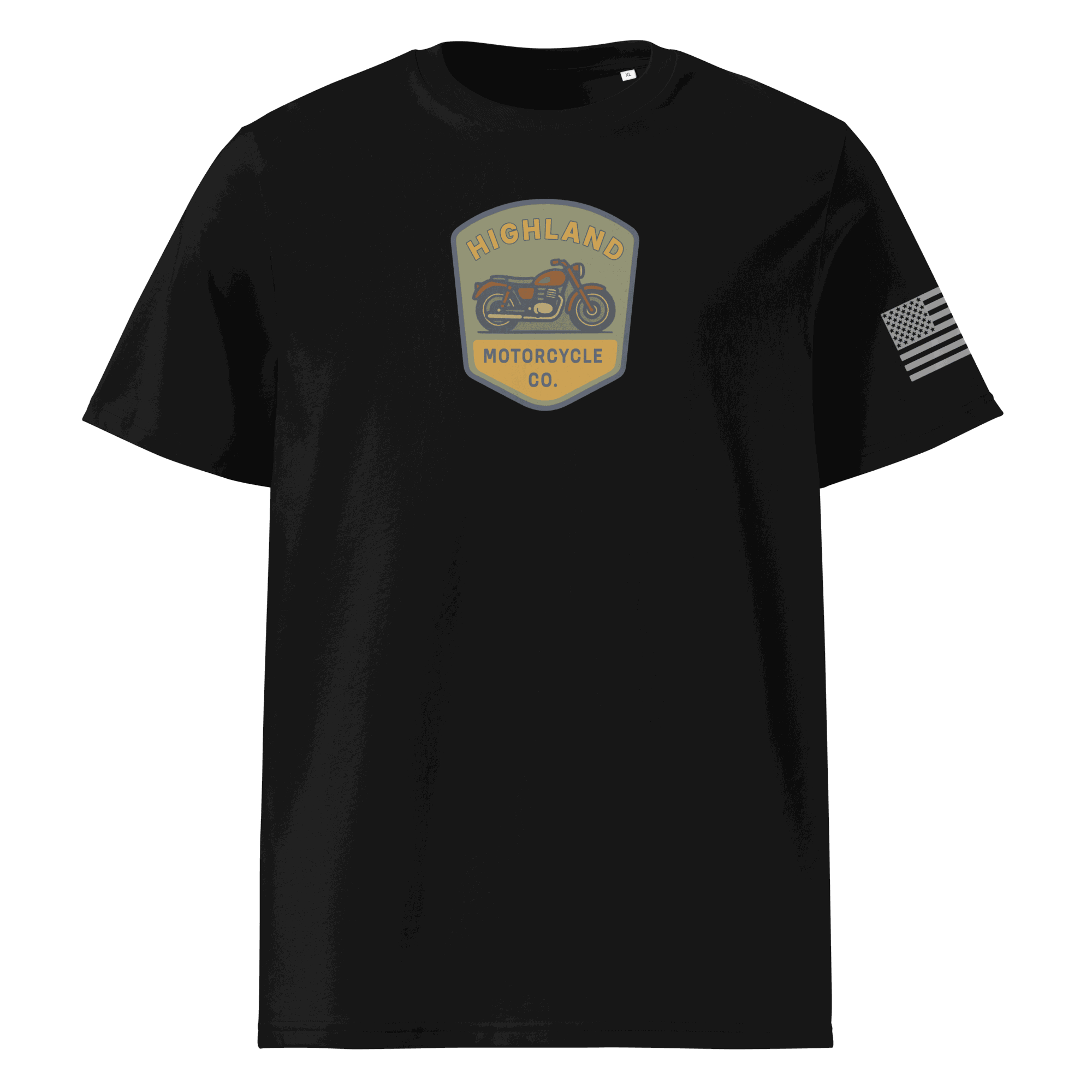 Black Highland Motorcycle Co. unisex organic cotton t-shirt with motorcycle logo and American flag on sleeve