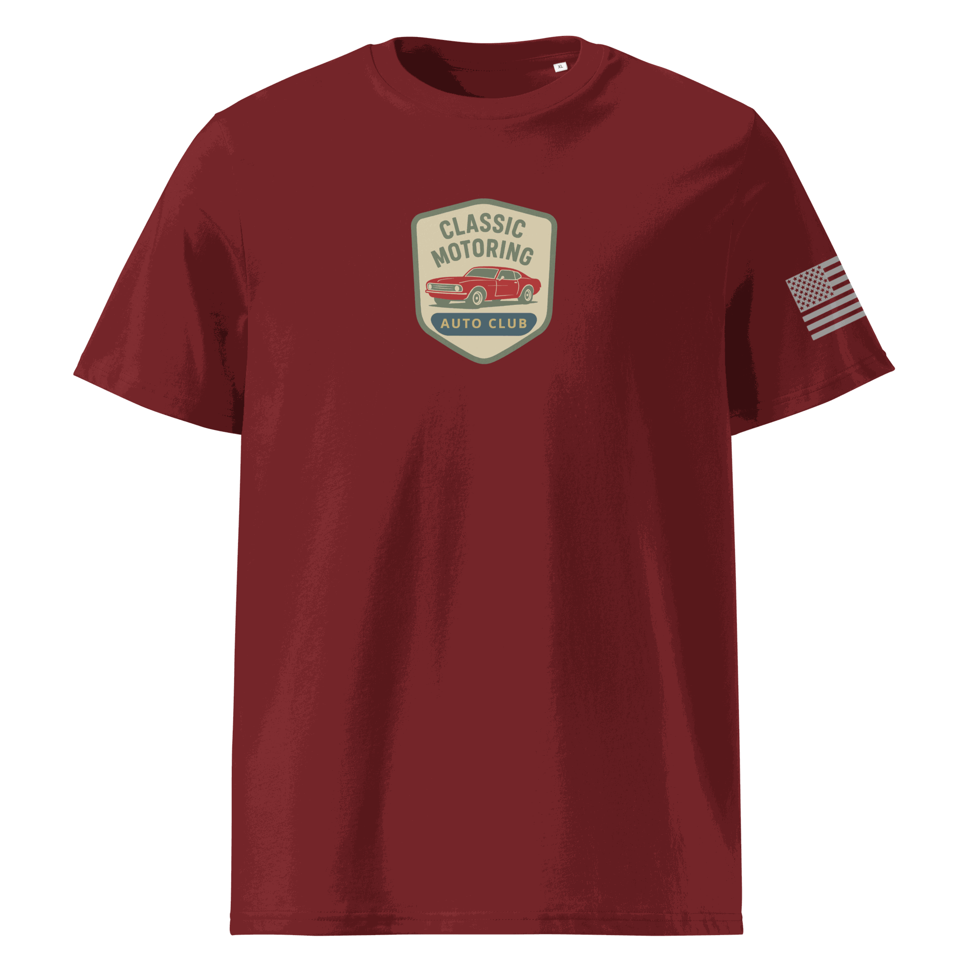 Classic Motoring cotton t-shirt in maroon with vintage car emblem and American flag on sleeve, made from 100% organic cotton, eco-friendly and comfortable