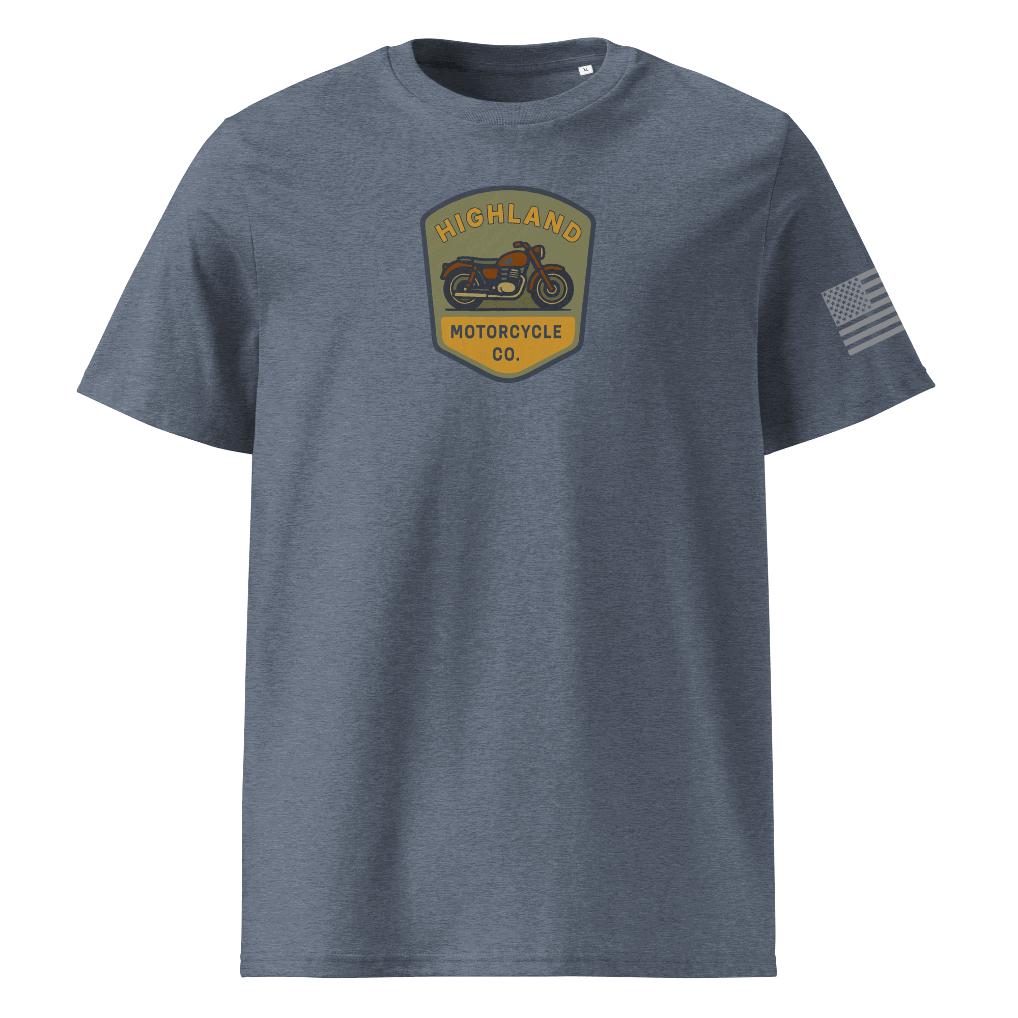 Highland Motorcycle Co. unisex organic cotton t-shirt with motorcycle logo and eco-friendly fabric