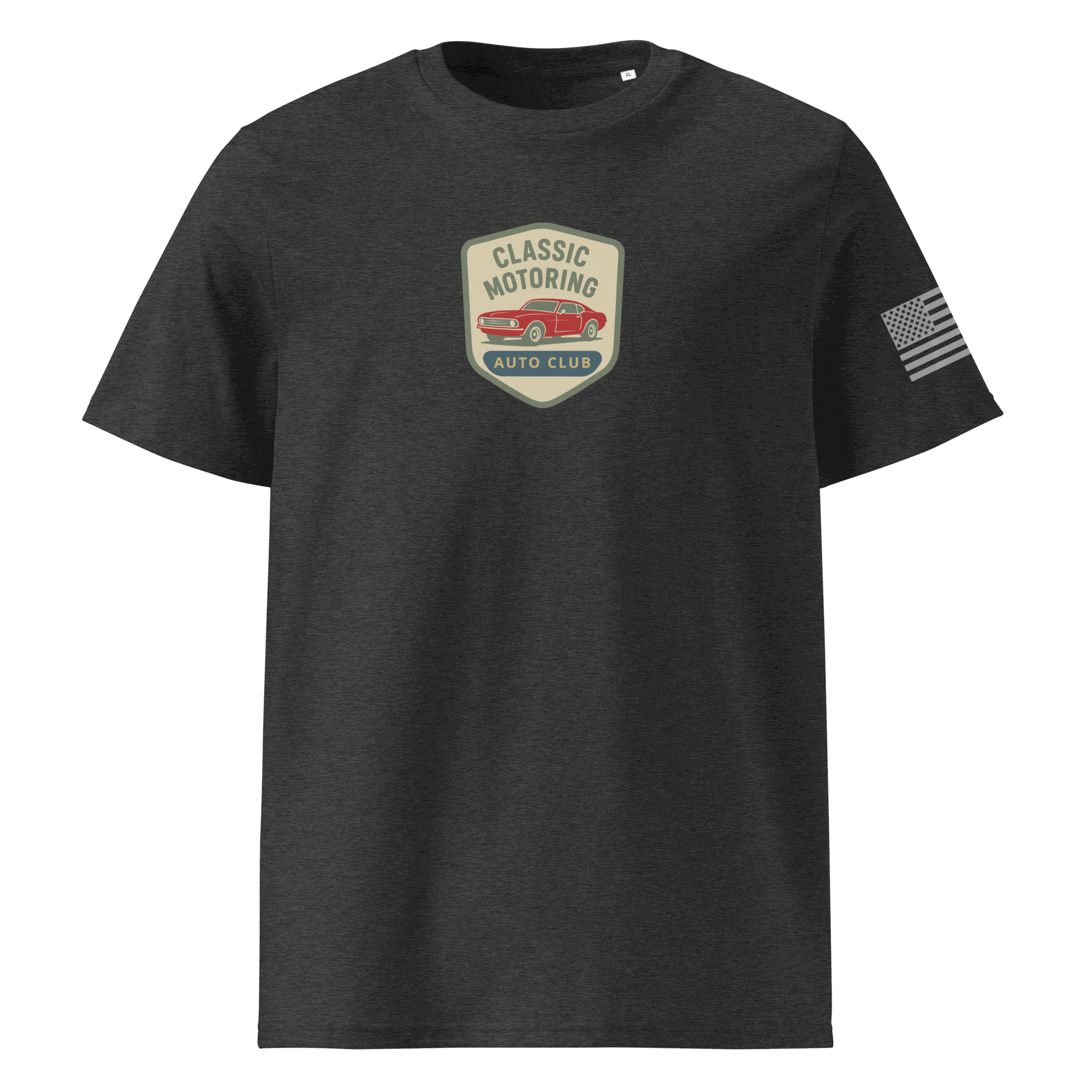 Classic Motoring cotton t-shirt in dark gray with vintage car logo and American flag on sleeve, made from 100% organic cotton.