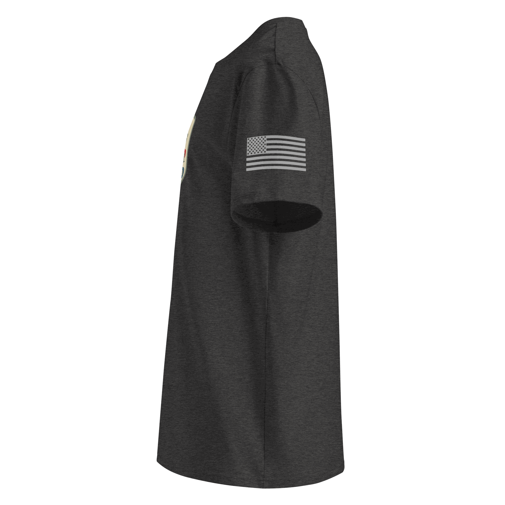 Side view of Classic Motoring cotton t-shirt in dark color with American flag on sleeve