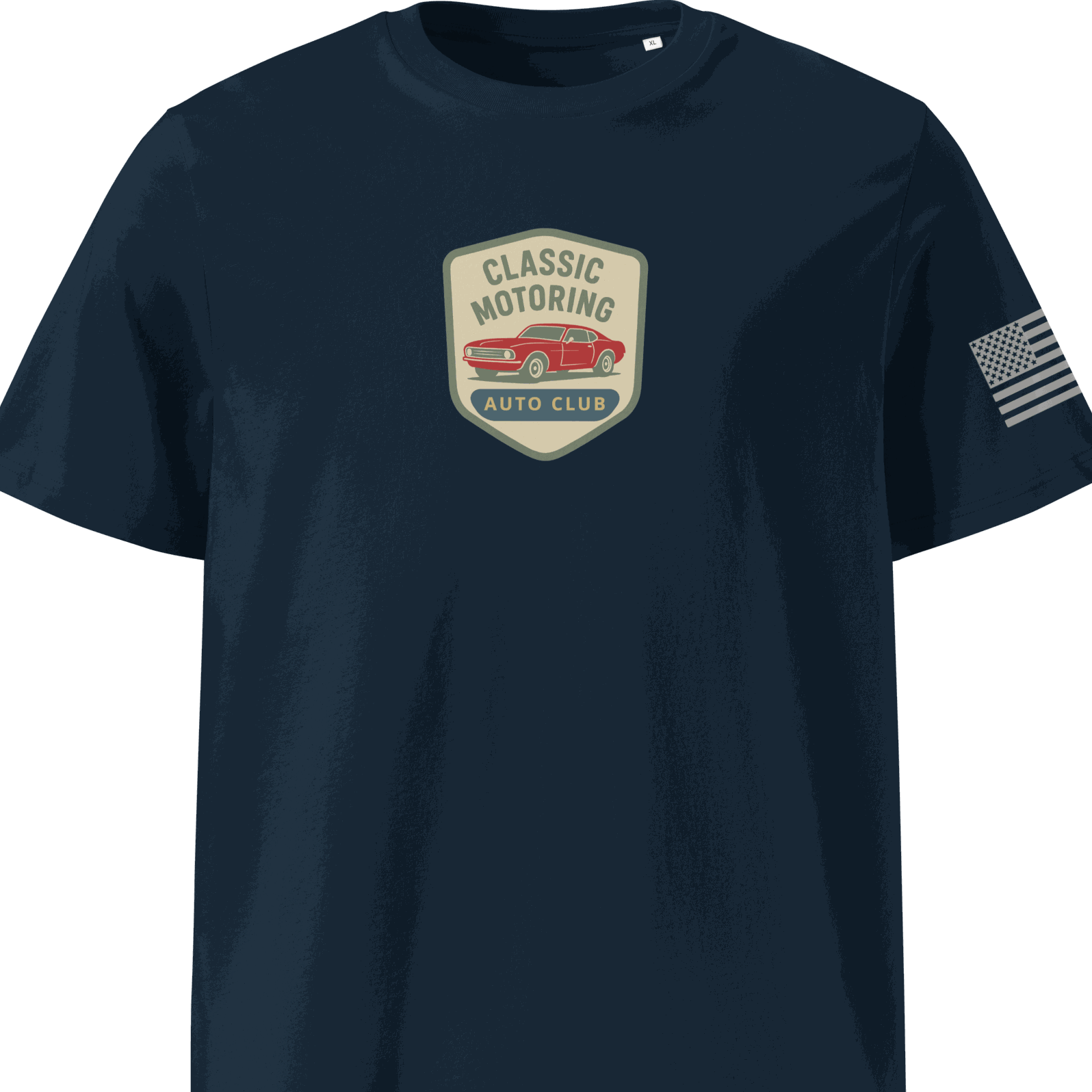 Classic Motoring cotton t-shirt in navy blue with vintage car graphic and American flag on sleeve, made from 100% organic cotton
