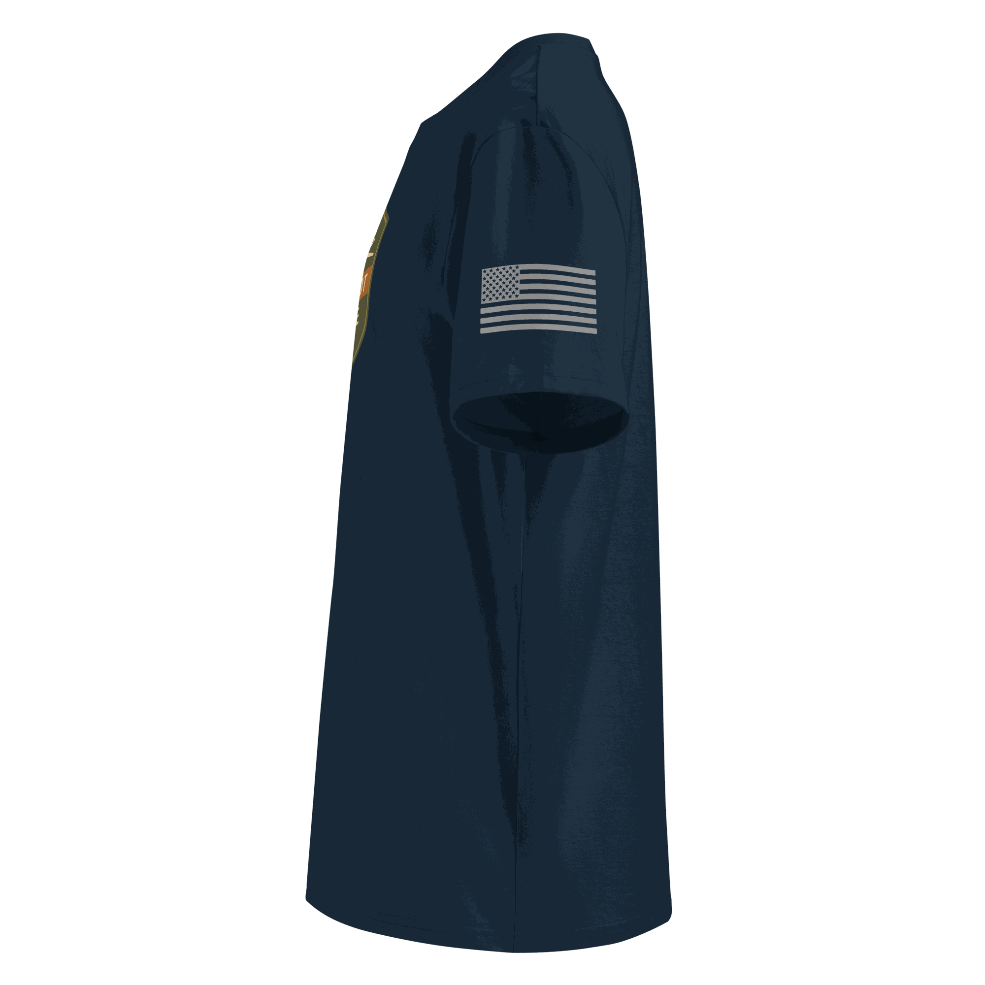 Side view of a navy blue Bush Pilot t-shirt made from 100% organic cotton with an American flag on the sleeve.