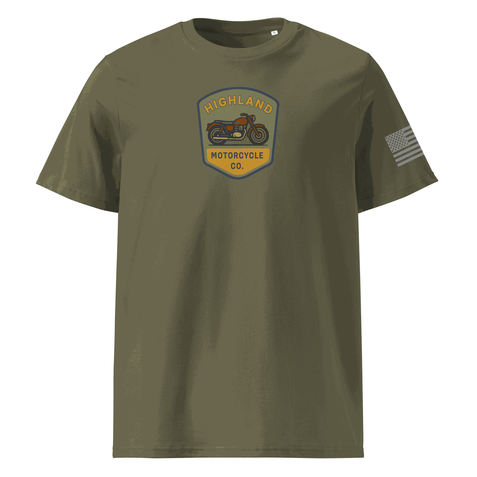 Highland Motorcycle Co. olive green organic cotton t-shirt with motorcycle logo and American flag on sleeve