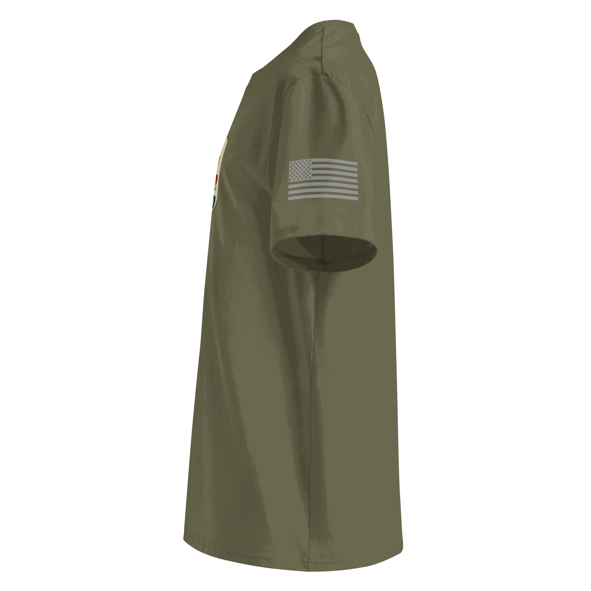 Classic Motoring cotton t-shirt side view in olive green with American flag on sleeve, made of 100% organic cotton