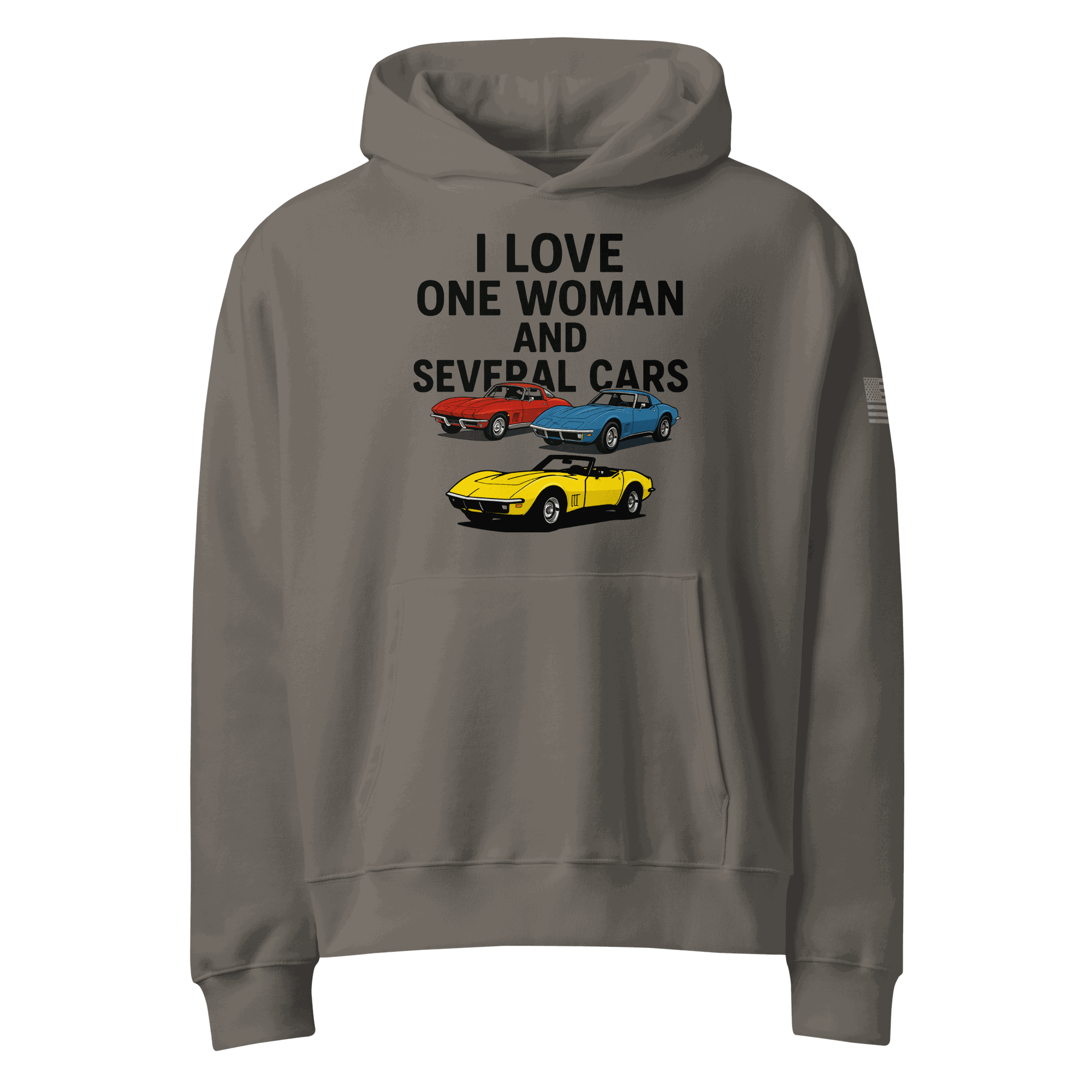Oversized heavyweight hoodie with "One Woman Several Cars" design and colorful car graphics