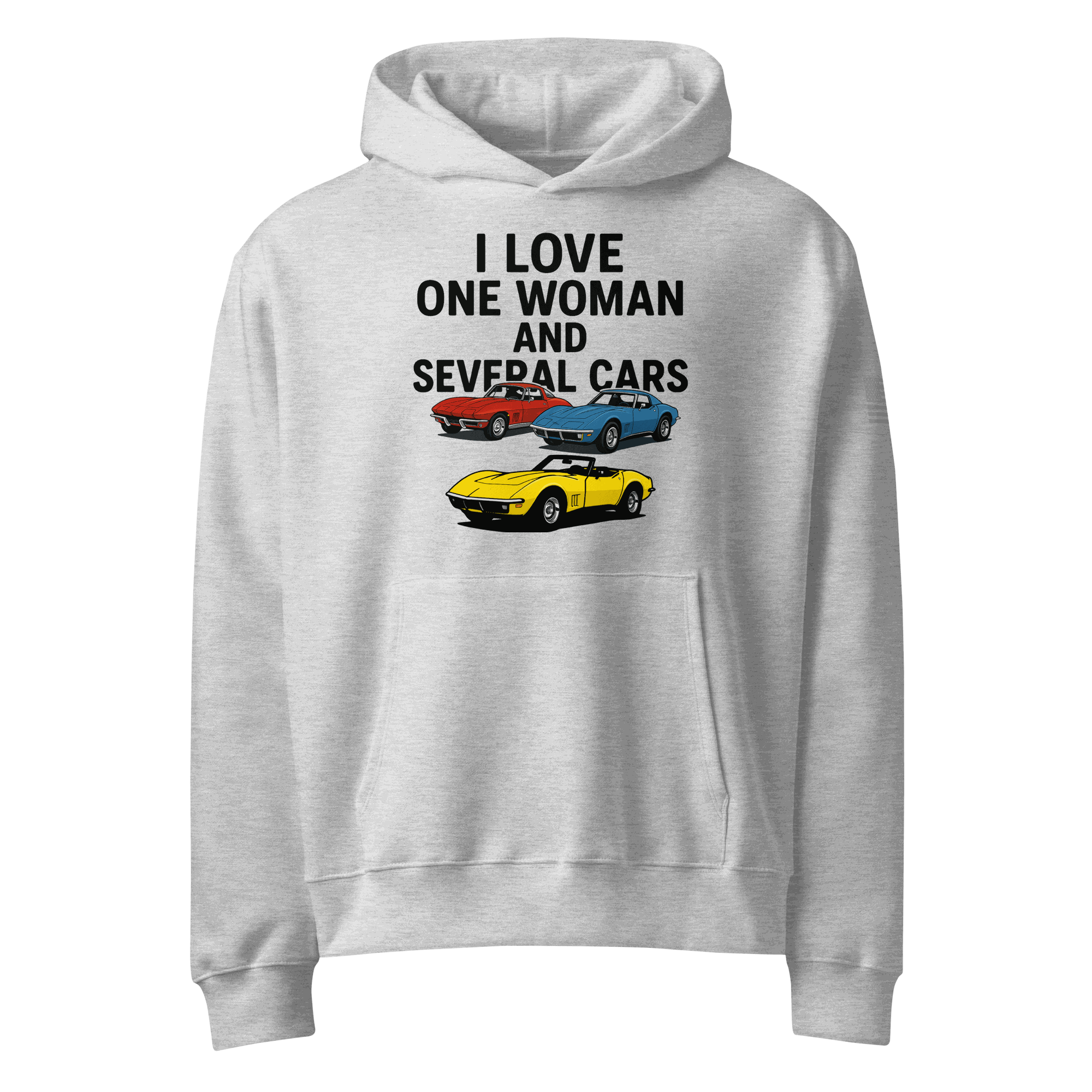 Grey oversized heavyweight hoodie with "I love one woman and several cars" text and vintage car graphics