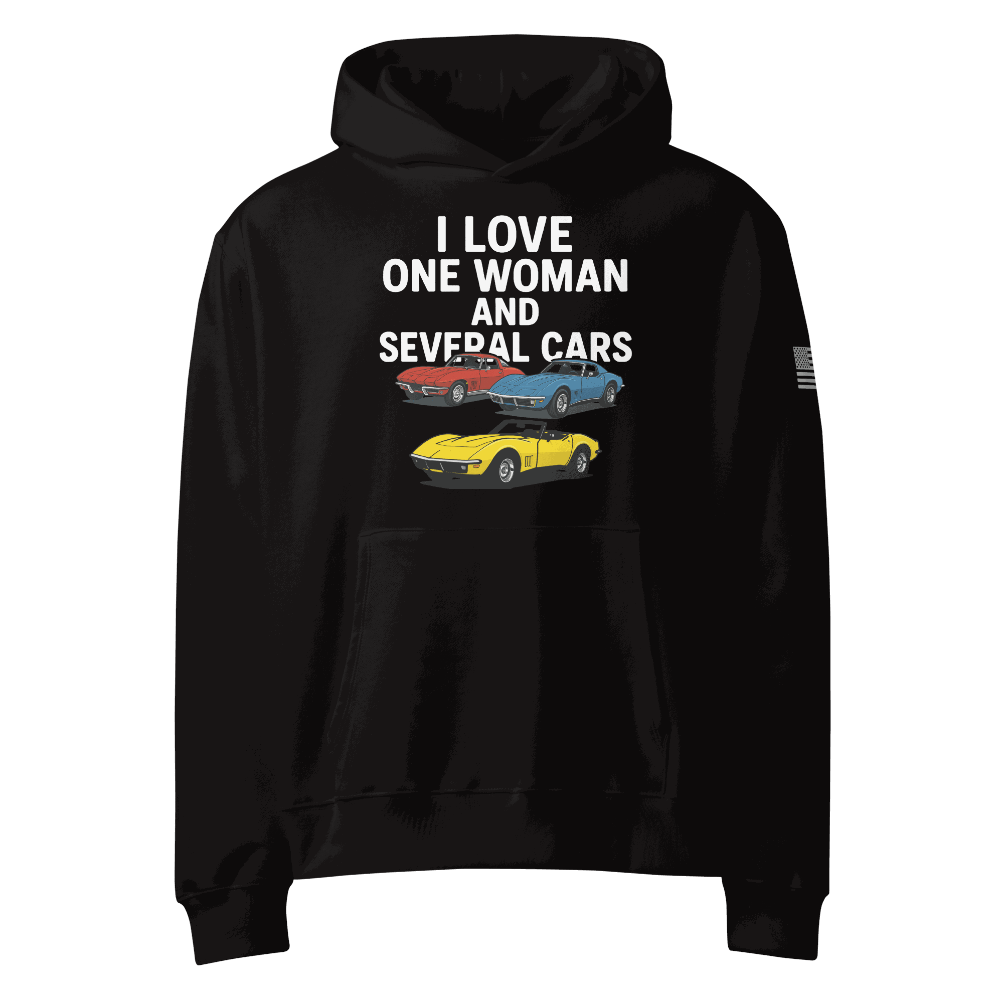 Black oversized heavyweight hoodie with "I love one woman and several cars" text and vintage car graphics on front