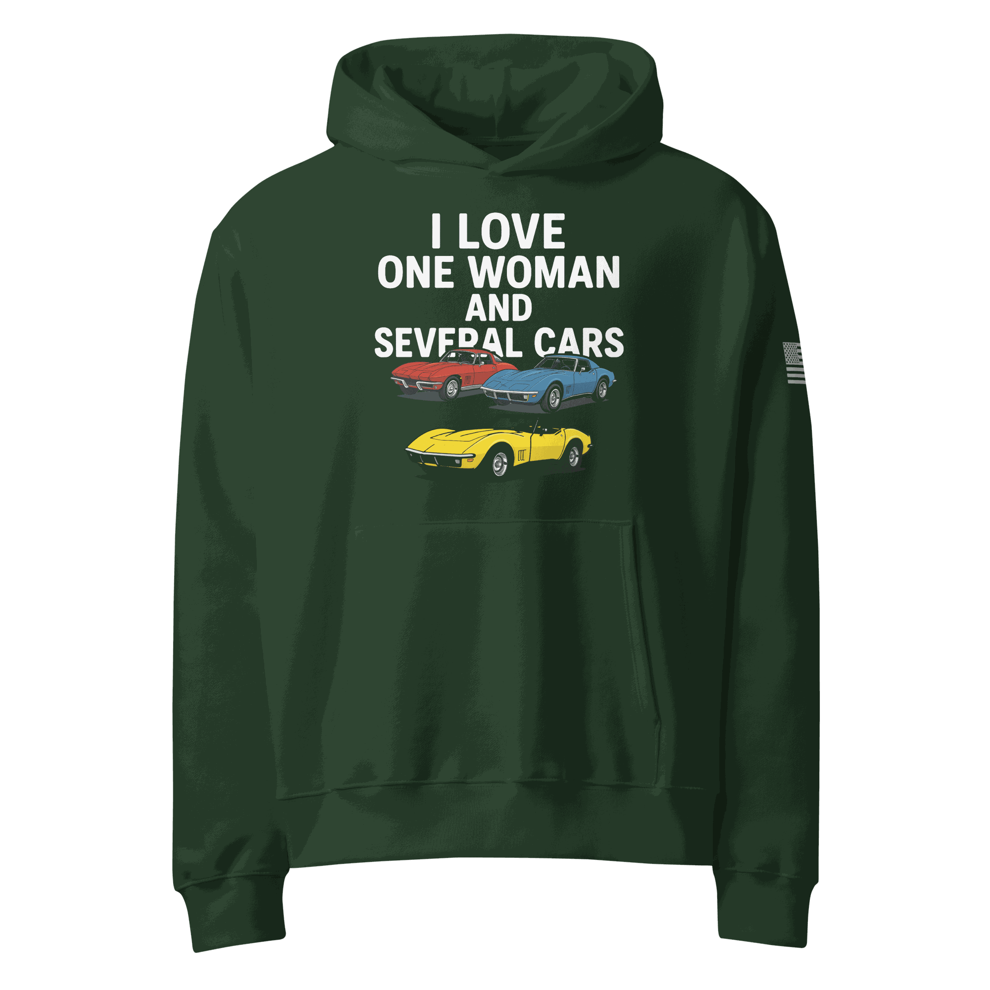 Oversized heavyweight hoodie in dark green with "I love one woman and several cars" text and vintage car graphics, cozy and roomy fit.