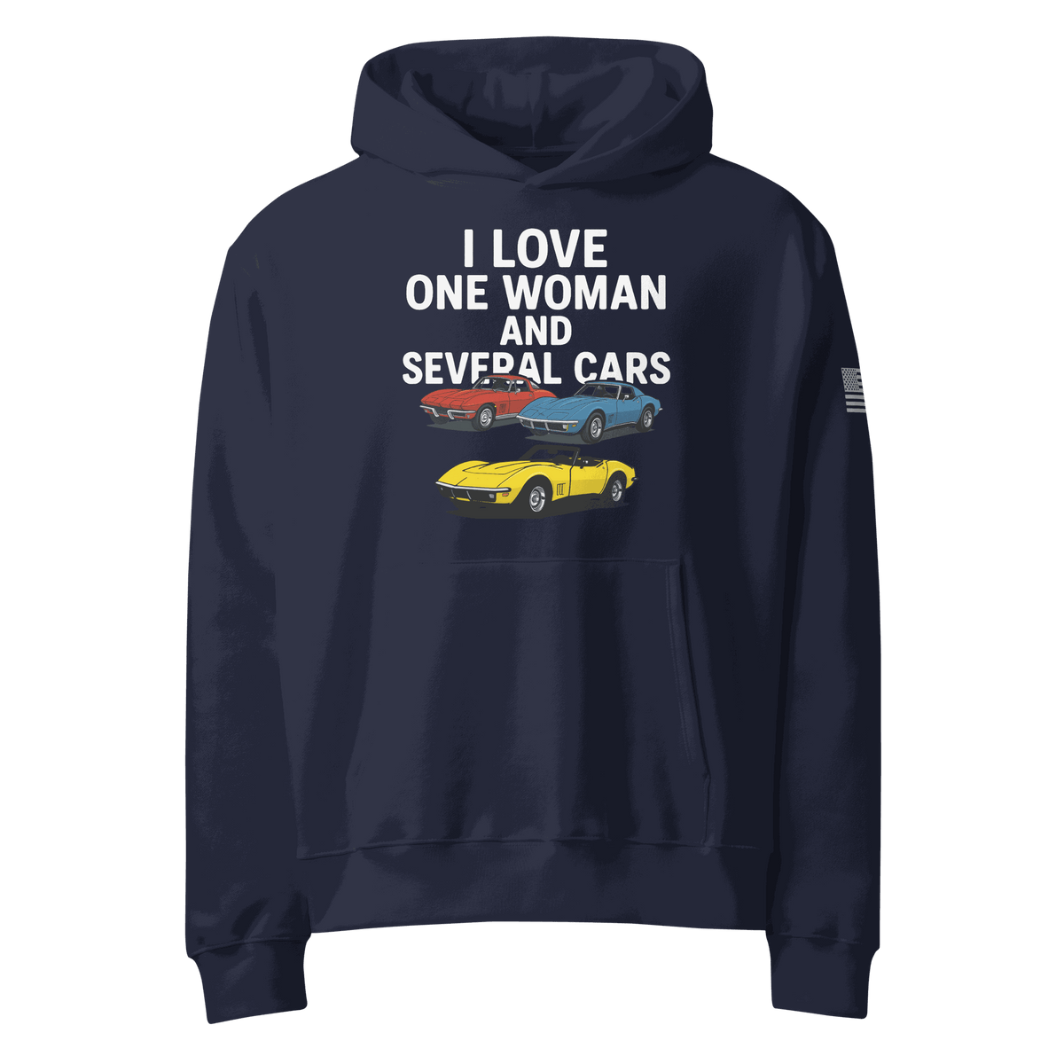 Woman wearing oversized heavyweight hoodie standing near several cars