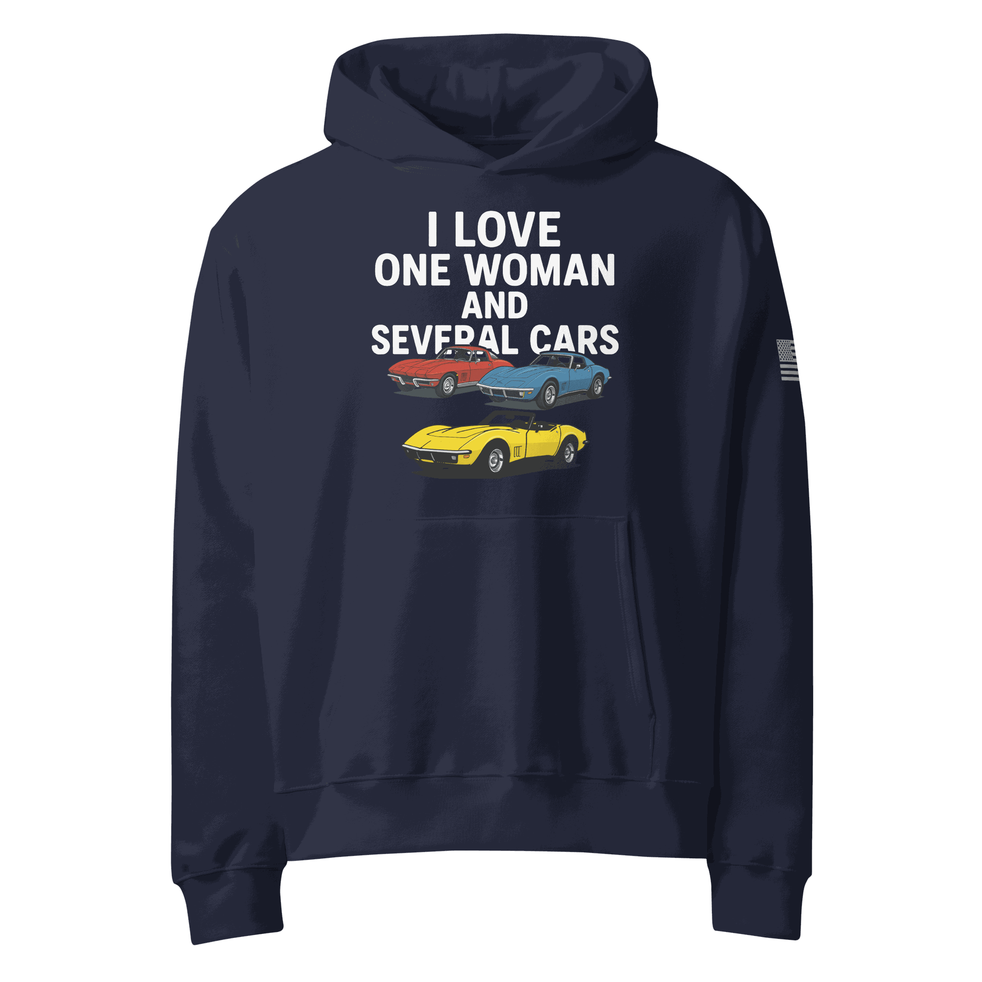 Woman wearing oversized heavyweight hoodie standing near several cars