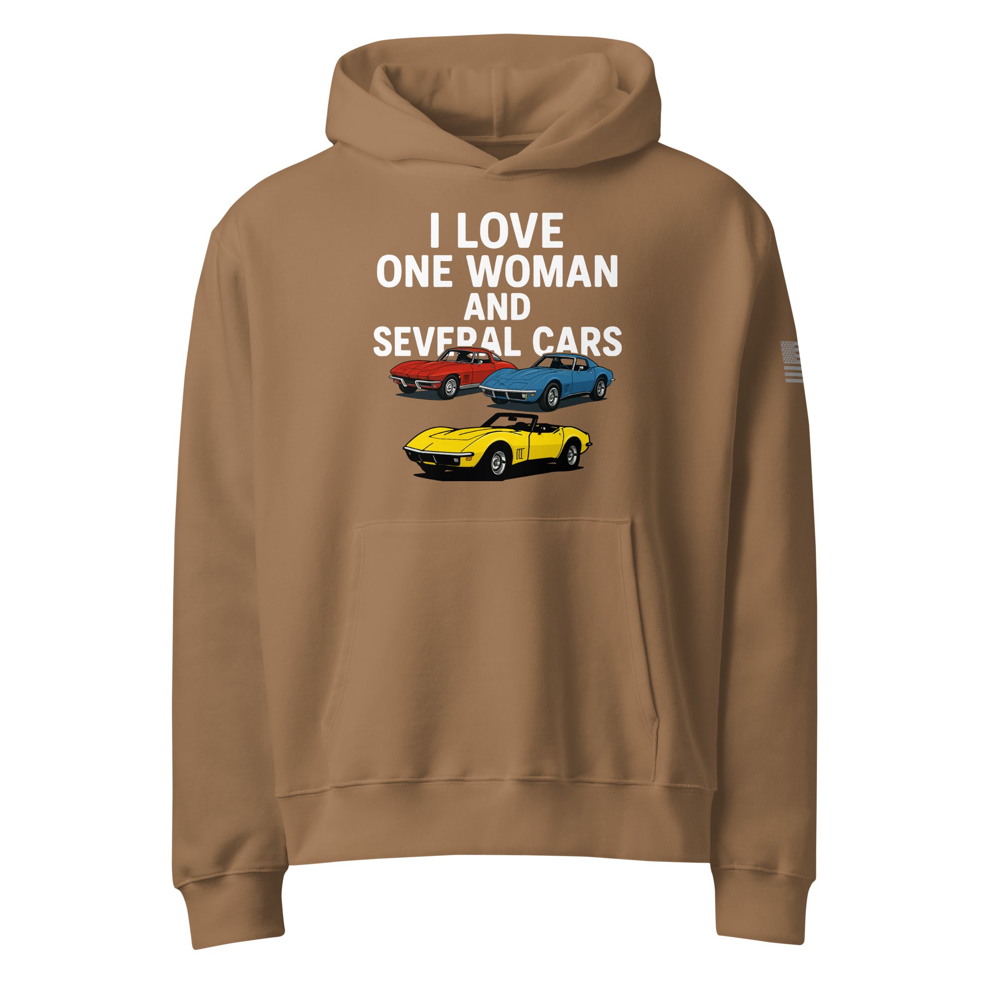 oversized heavyweight hoodie with ‘One Woman Several Cars’ text printed on the front — features a soft brushed fleece interior, double-layered hood without drawcords, front kangaroo pocket, and a roomy unisex fit — displayed in multiple color options.”