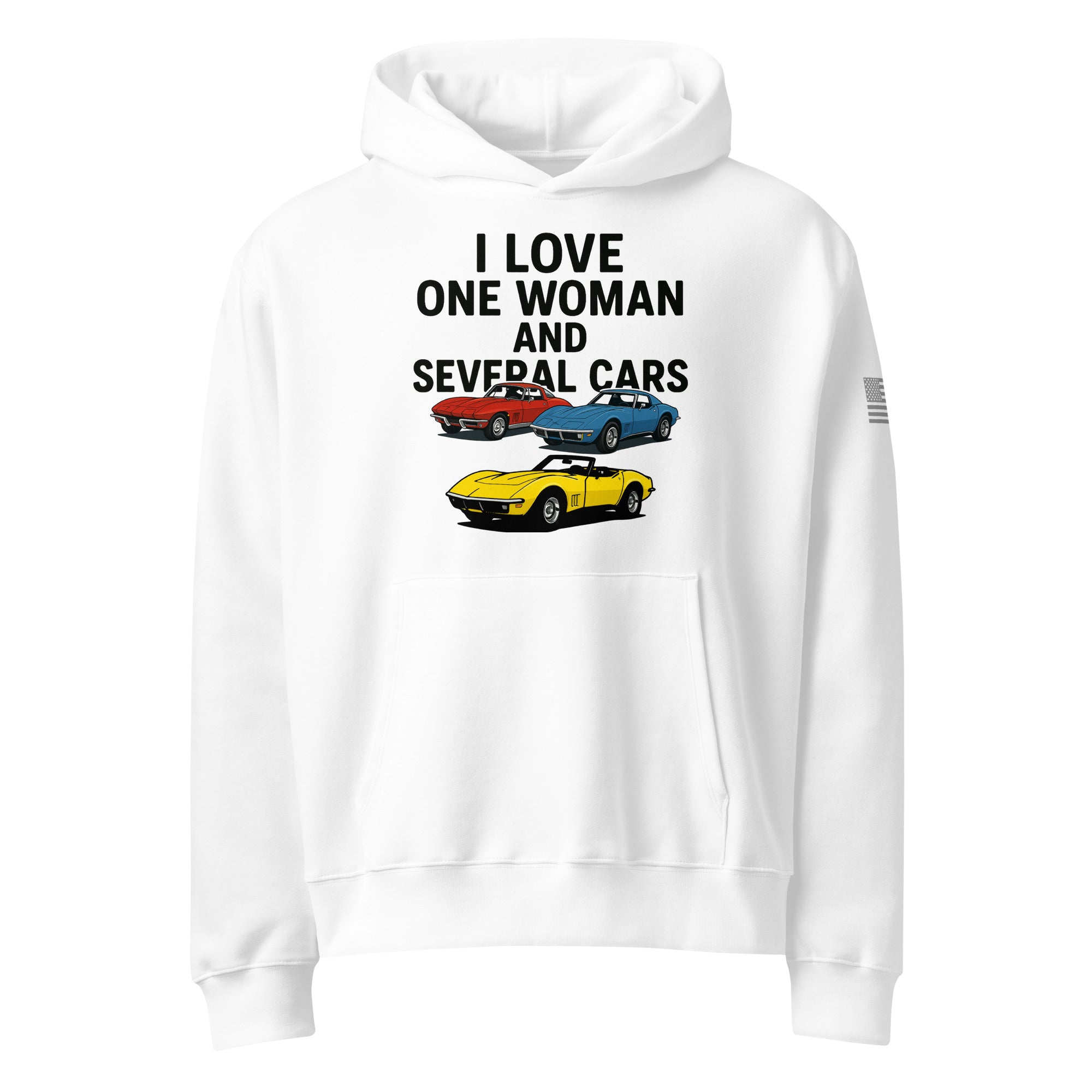 oversized heavyweight hoodie with ‘One Woman Several Cars’ text printed on the front — features a soft brushed fleece interior, double-layered hood without drawcords, front kangaroo pocket, and a roomy unisex fit — displayed in multiple color options.”