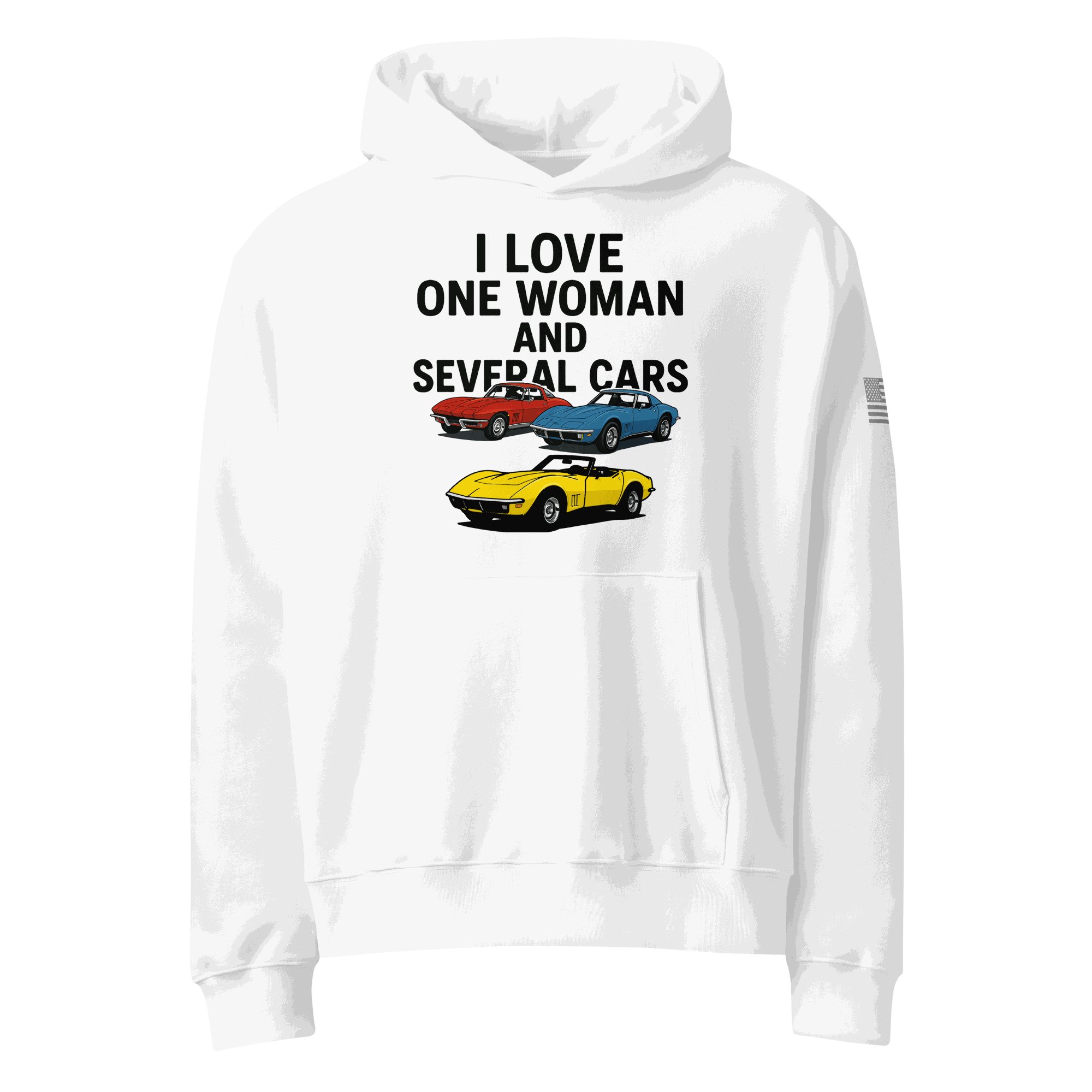 White oversized heavyweight hoodie with "I love one woman and several cars" text and car graphics on front, cozy and roomy fit.