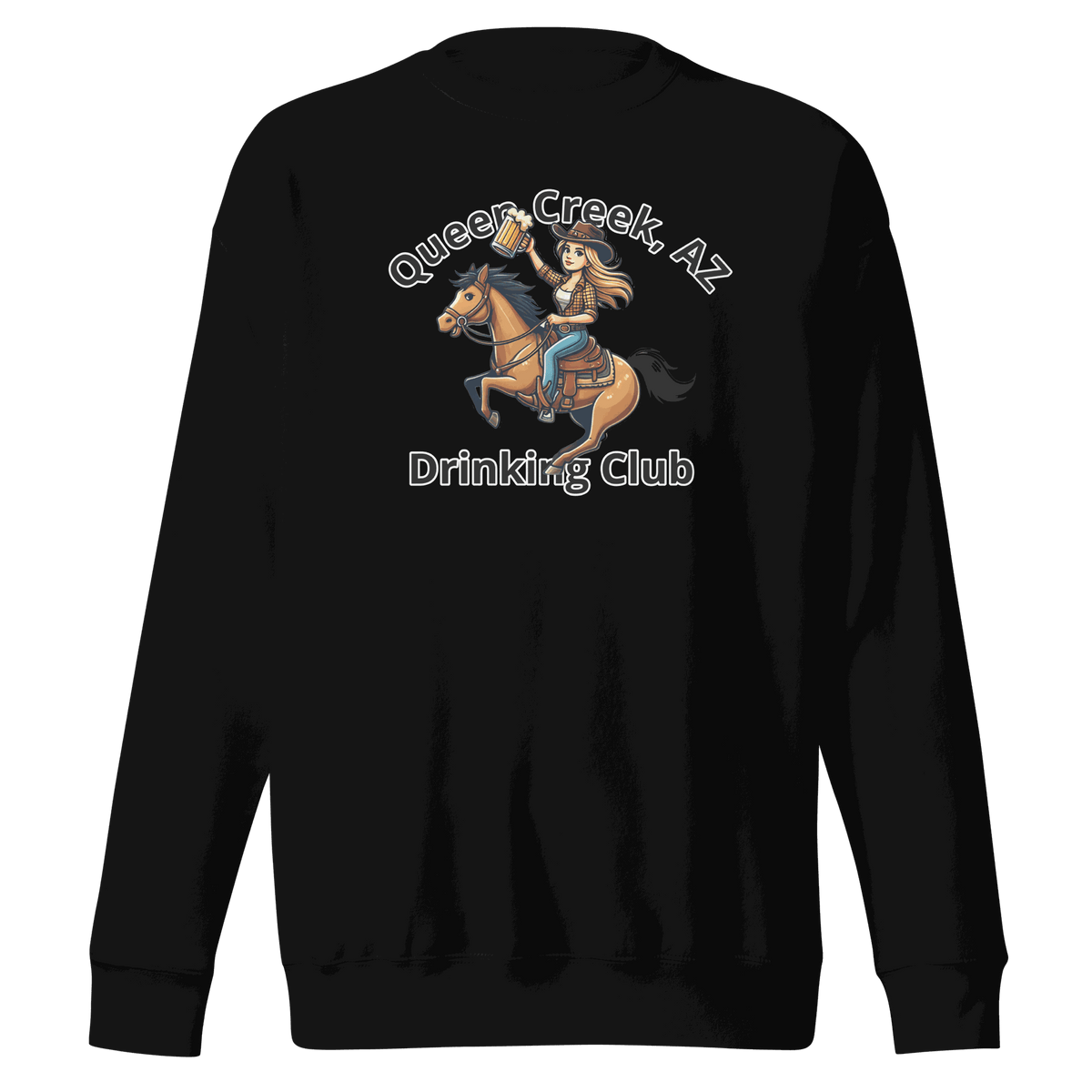 Queen Creek Drinking Club sweatshirt with playful design for cozy casual wear