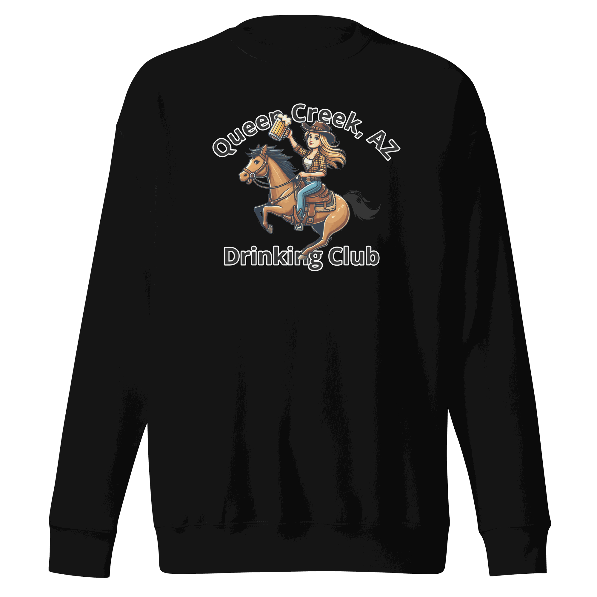 Queen Creek Drinking Club sweatshirt with playful design for cozy casual wear