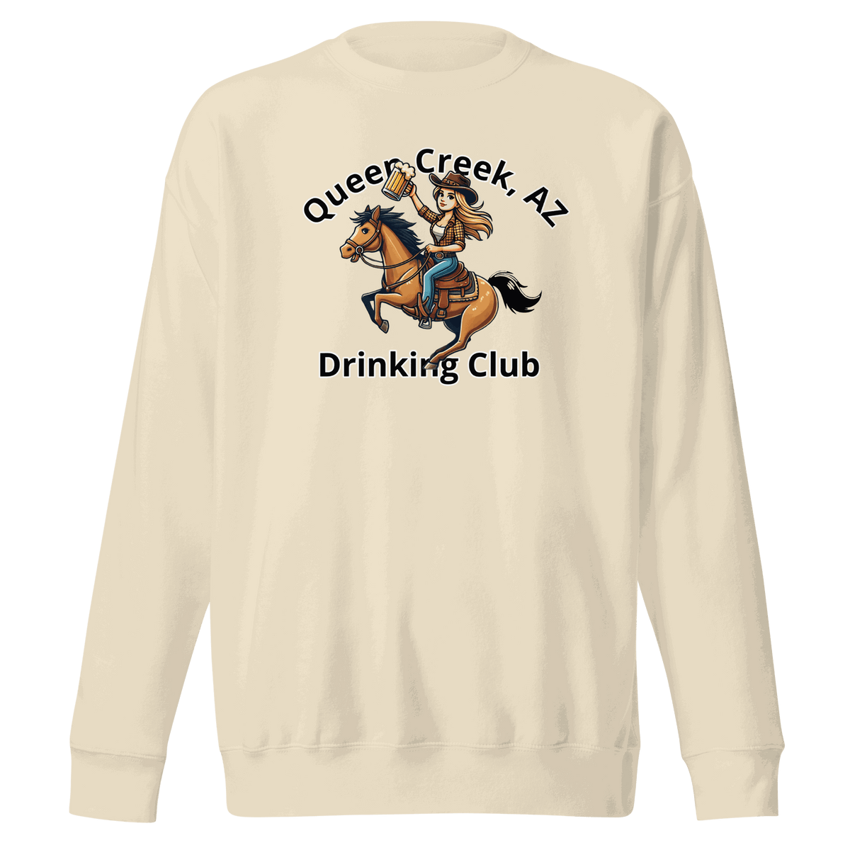 Queen Creek Drinking Club sweatshirt with playful design for cozy casual wear
