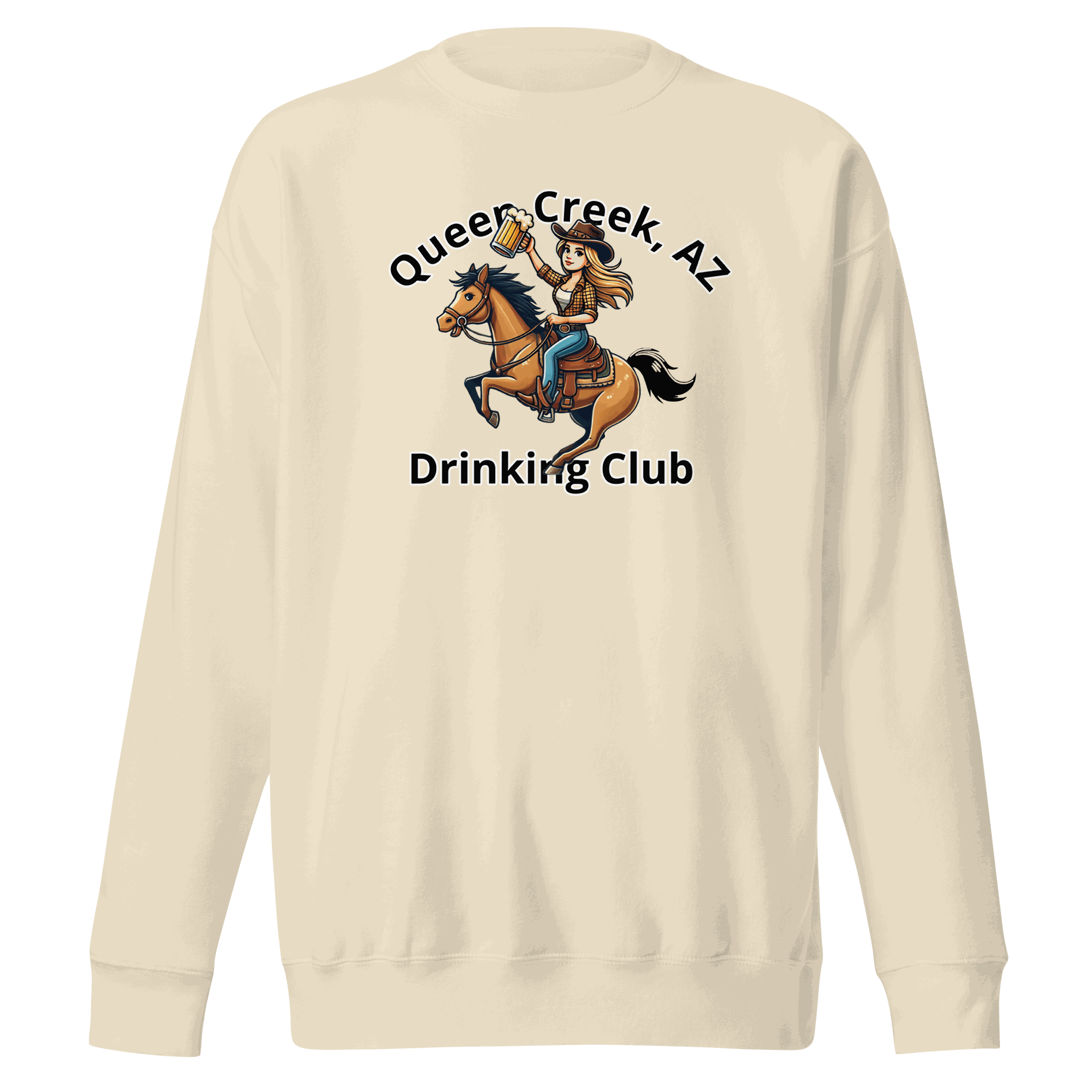 Queen Creek Drinking Club sweatshirt with playful design for cozy casual wear